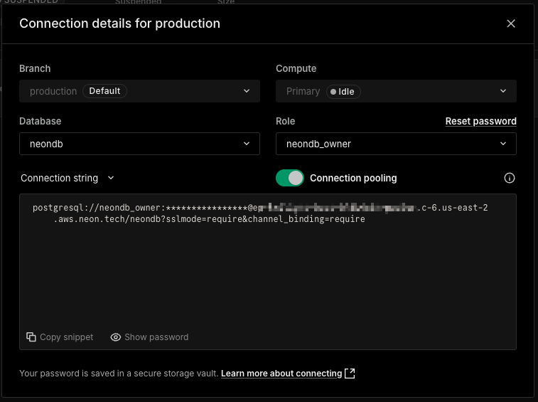 Neon Connect dialog for the production branch, with Connection pooling on and the connection string