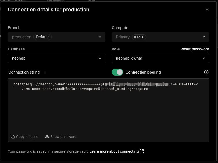 Neon Connect dialog for the production branch, with Connection pooling on and the connection string