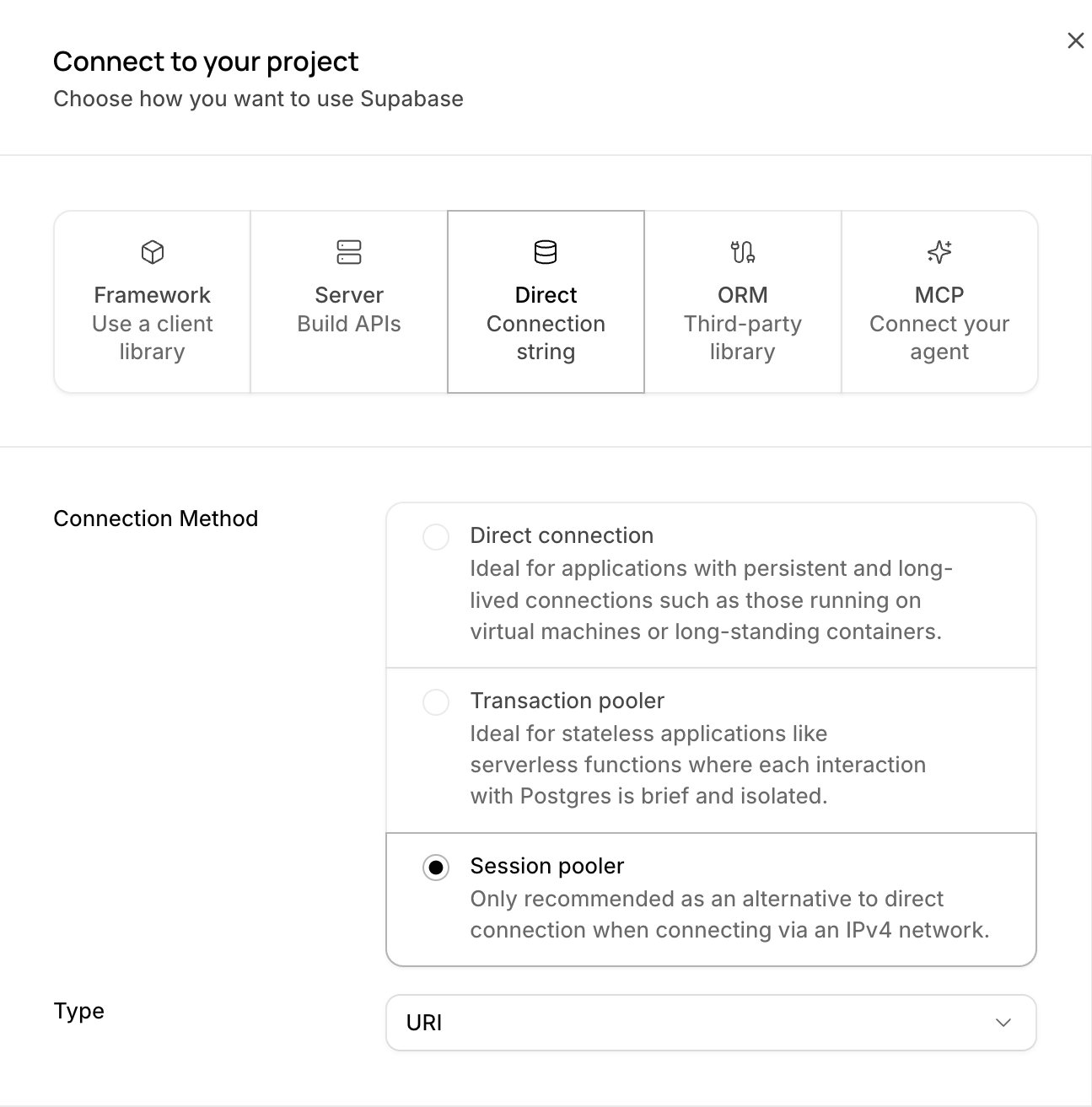 Supabase Connect dialog with Session pooler selected