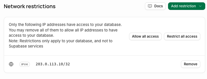 Supabase Network restrictions with one IPv4 address allowed