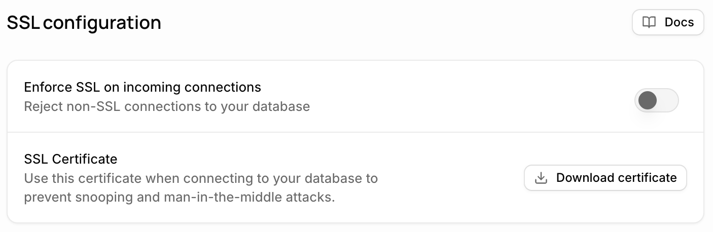 Supabase SSL configuration with the Download certificate button