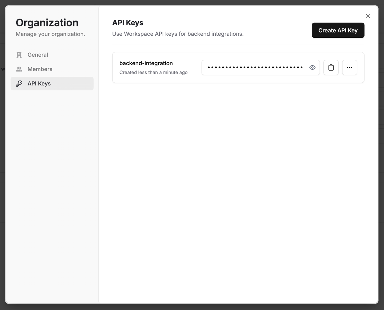 Workspace API key issuance UI showing key creation and copy controls