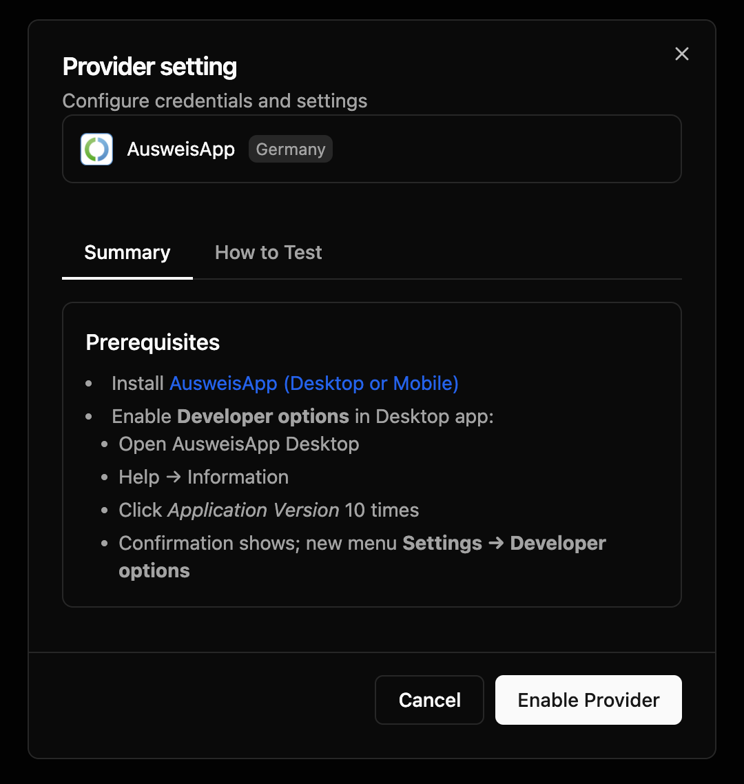 Provider setting modal (dark mode)