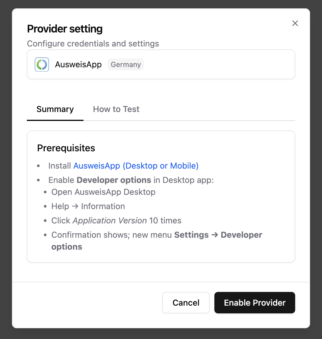 Provider setting modal (light mode)