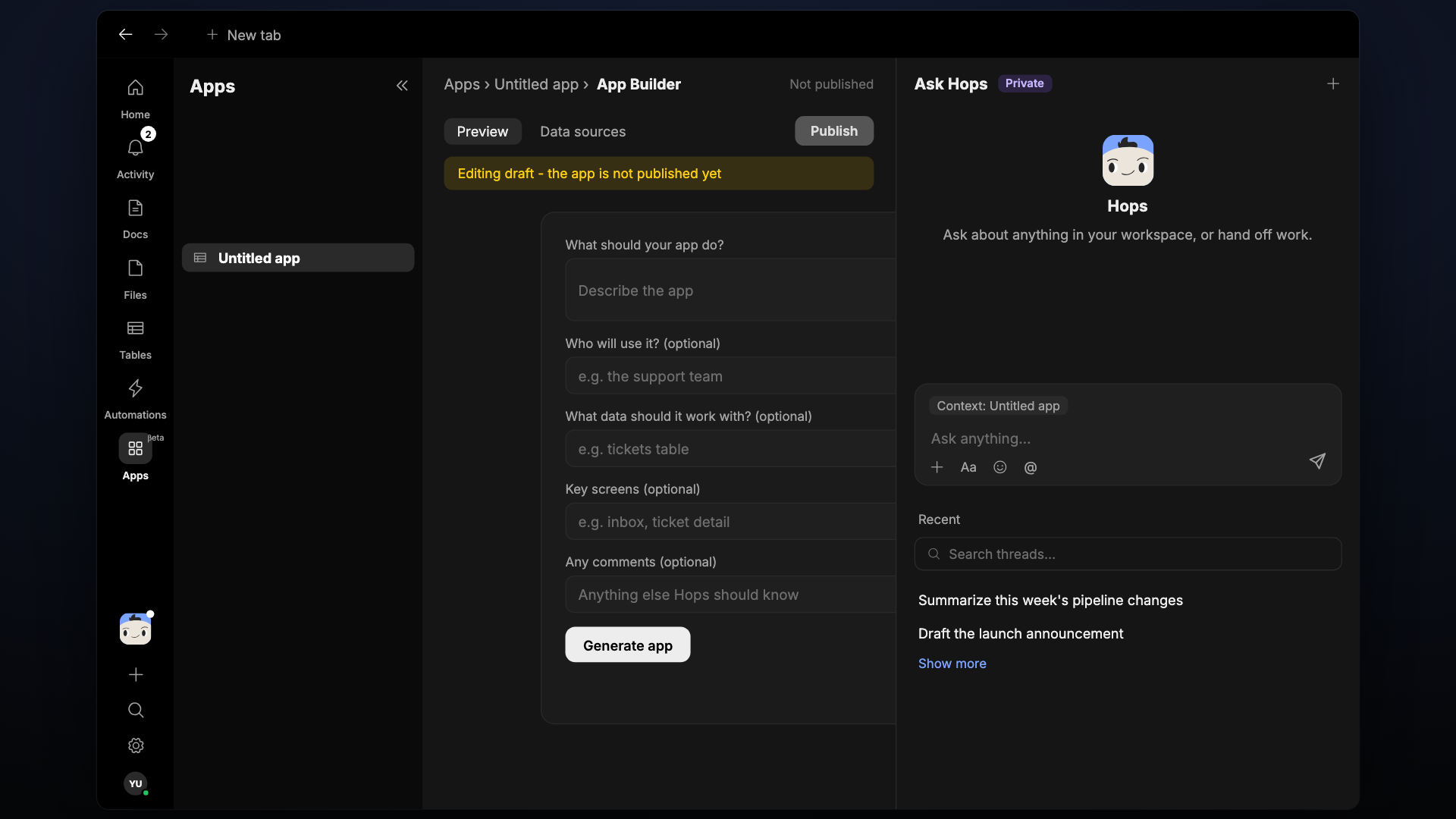 The App Builder with the app form, Preview, Data sources, Publish, and the Ask Hops panel.