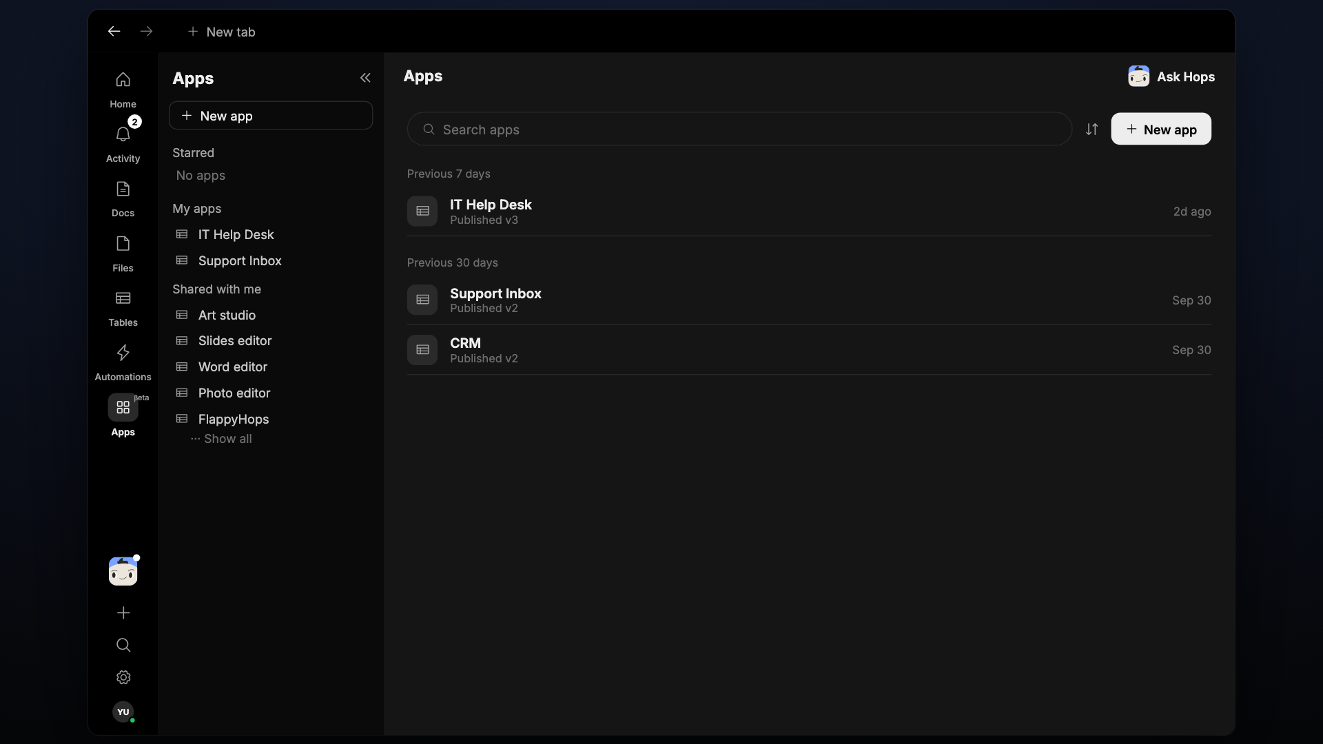 The Apps page listing apps with their versions and last-updated times.