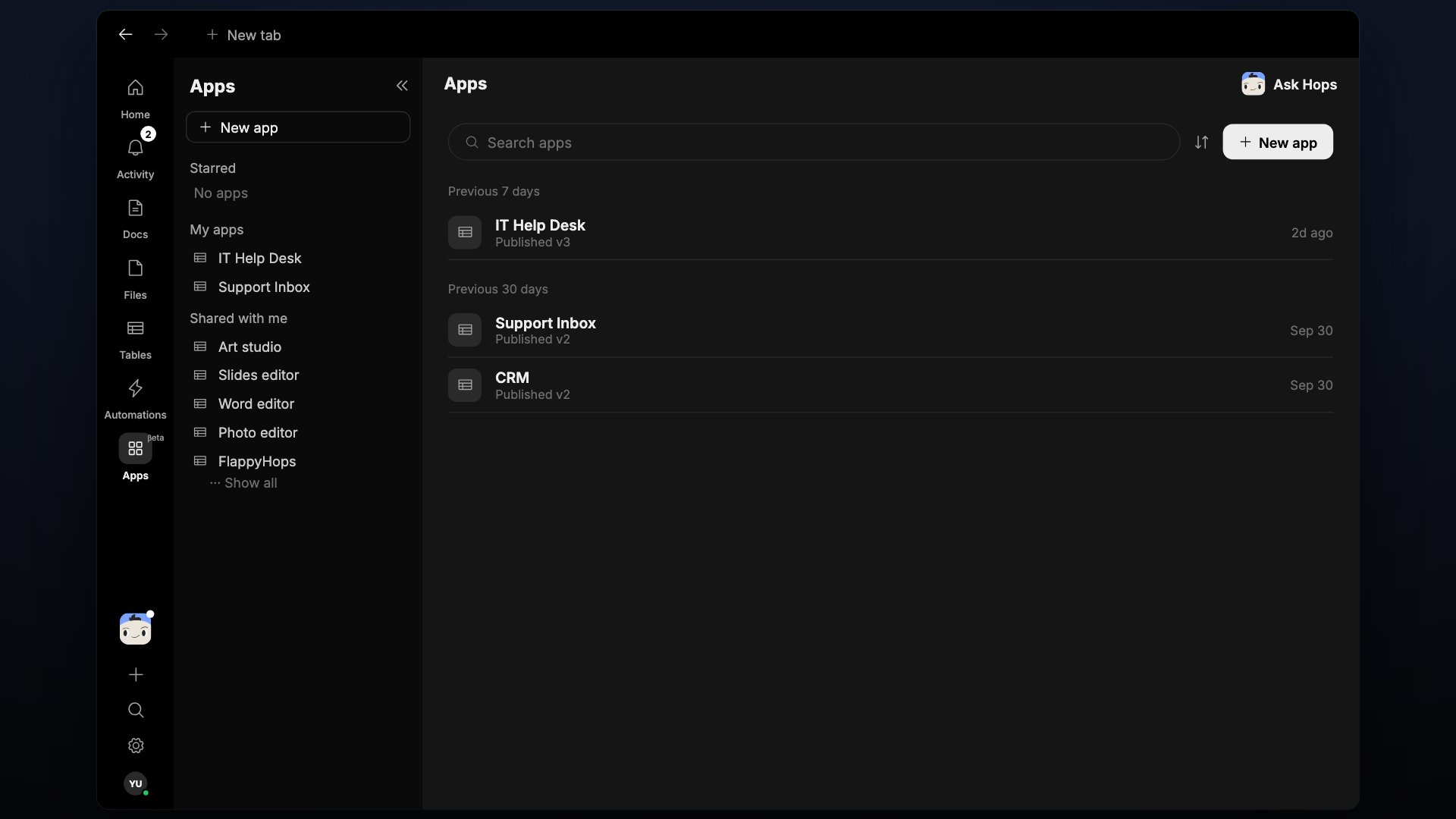 The Apps page listing apps with their versions and last-updated times.