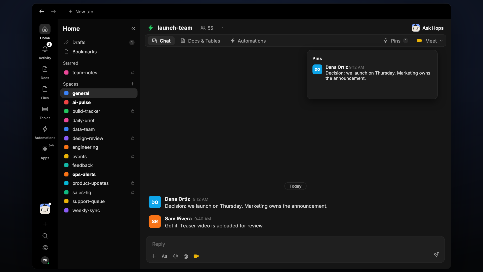 A pinned message in a Space chat, shown with the pin icon.