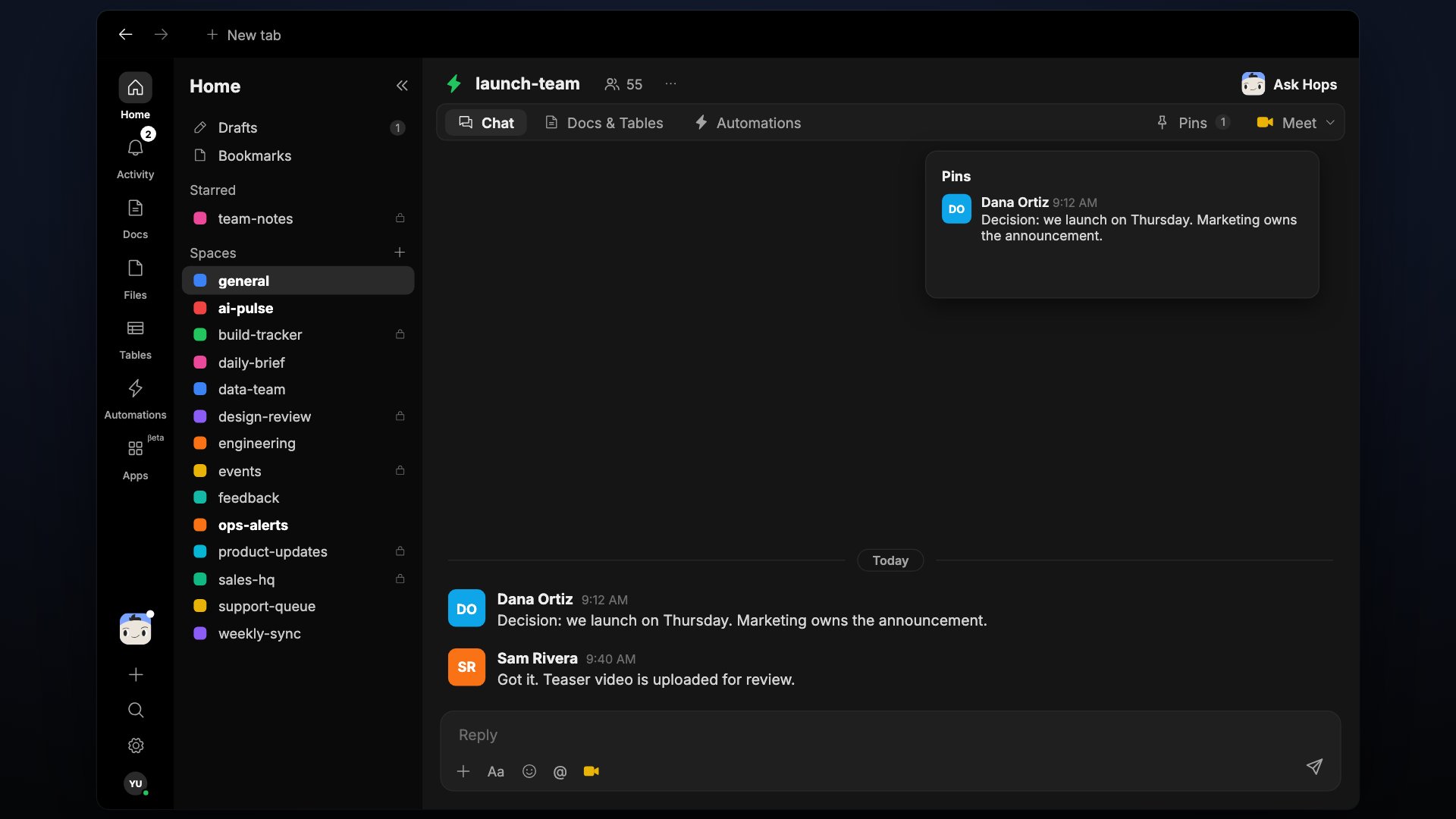 A pinned message in a Space chat, shown with the pin icon.