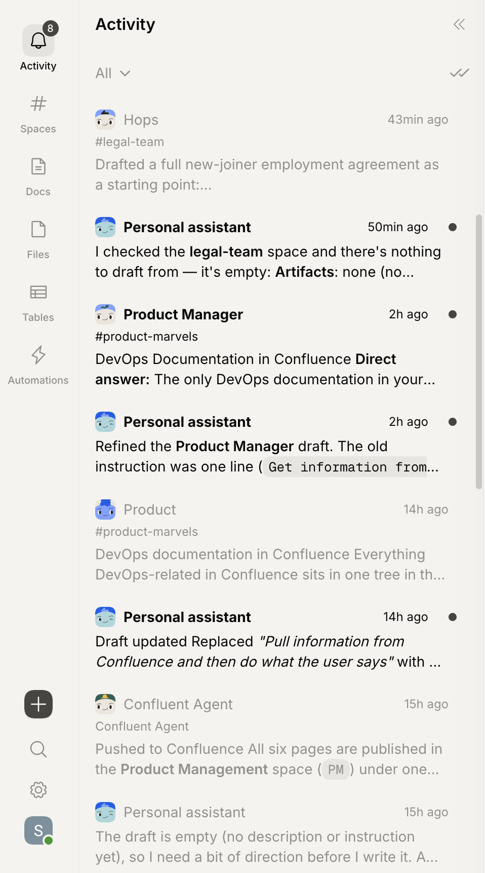The Activity feed showing @mentions, replies, and agent updates from across the workspace.