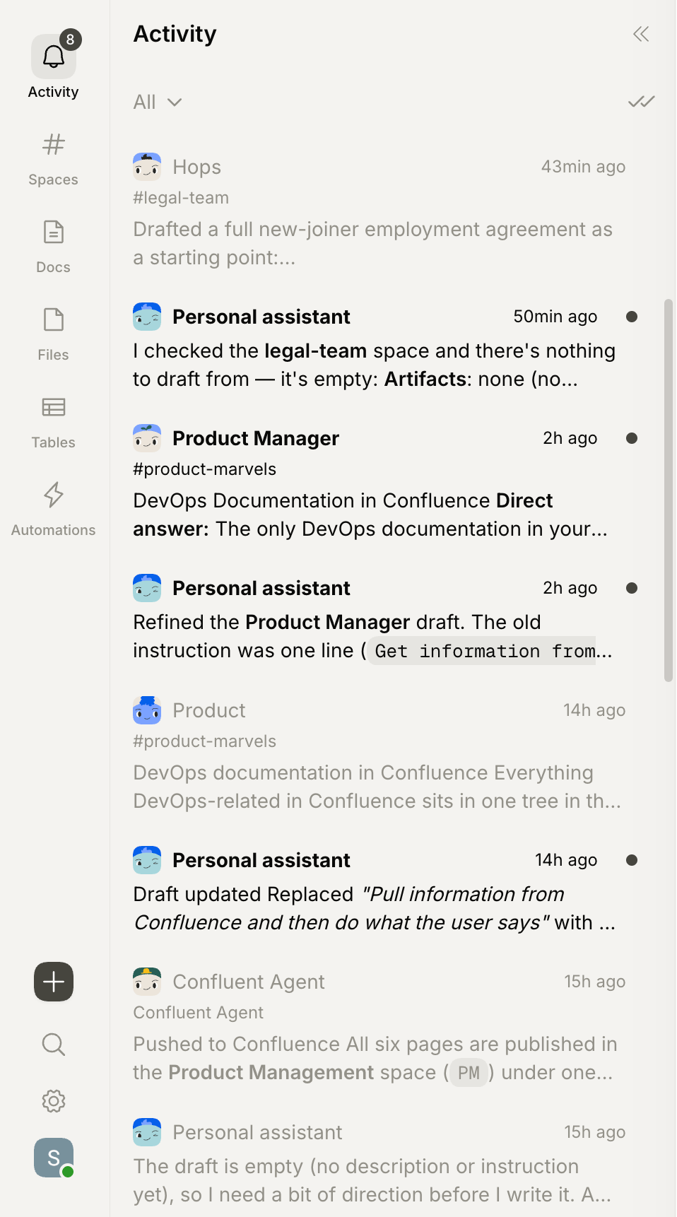 The Activity feed showing @mentions, replies, and agent updates from across the workspace.