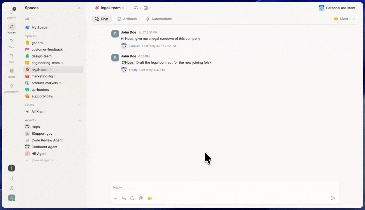 Inviting custom agents into a Space and tagging them in a chat.