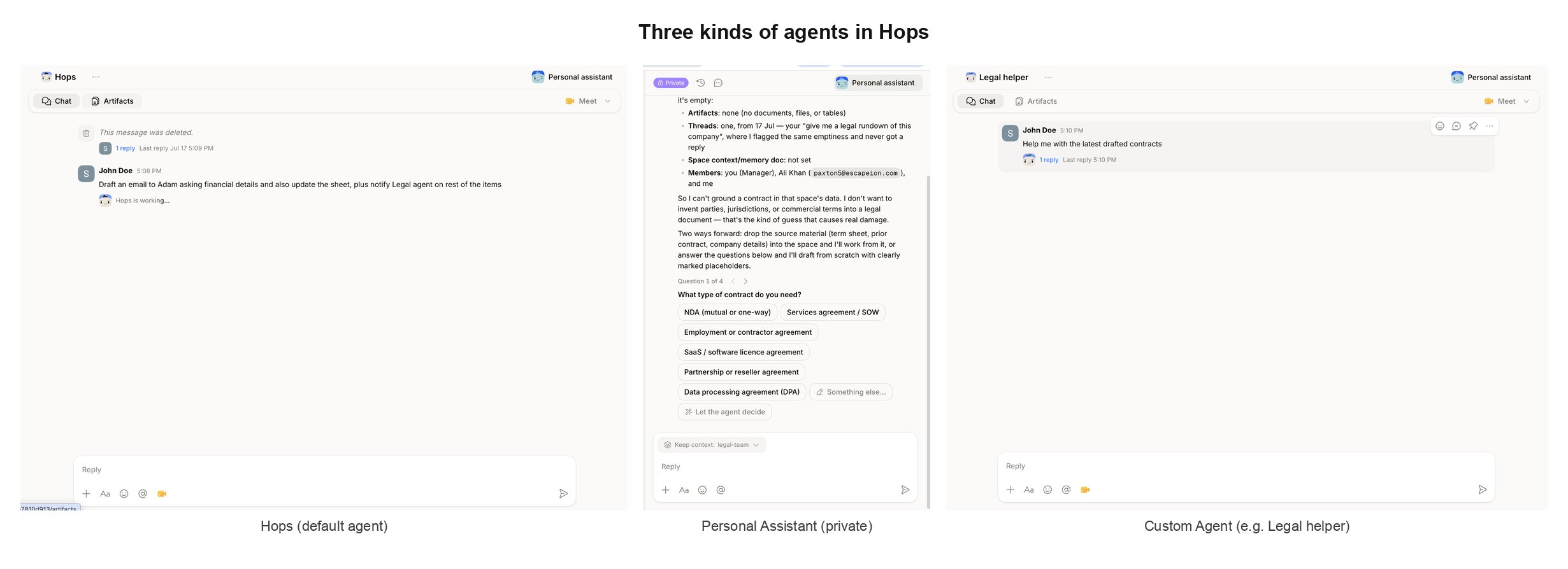 Three kinds of agents in Hops: the default Hops agent, the private Personal Assistant, and a Custom Agent.