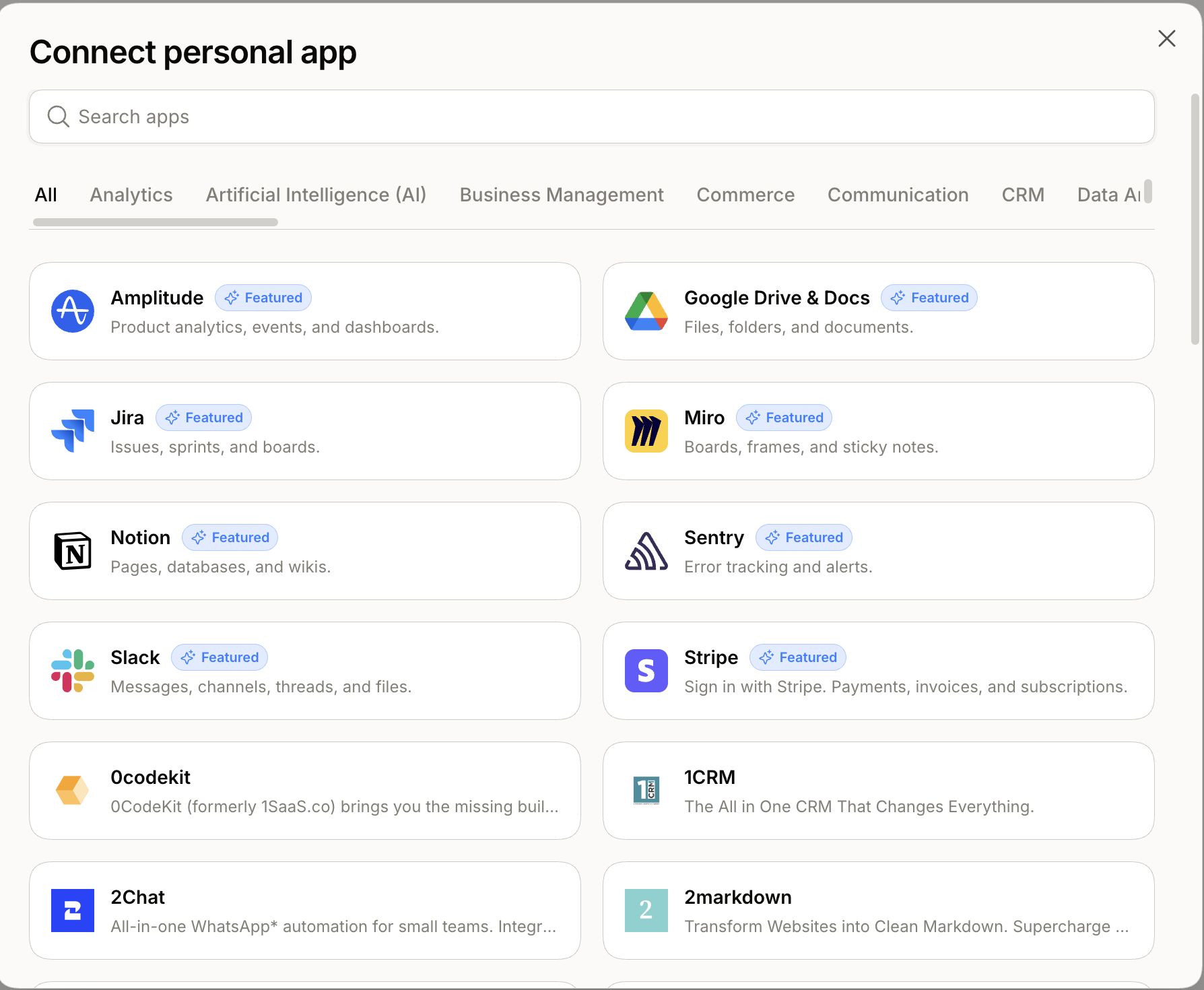 The Connect personal app modal showing Amplitude, Google Drive, Jira, Notion, Slack, Stripe and more.