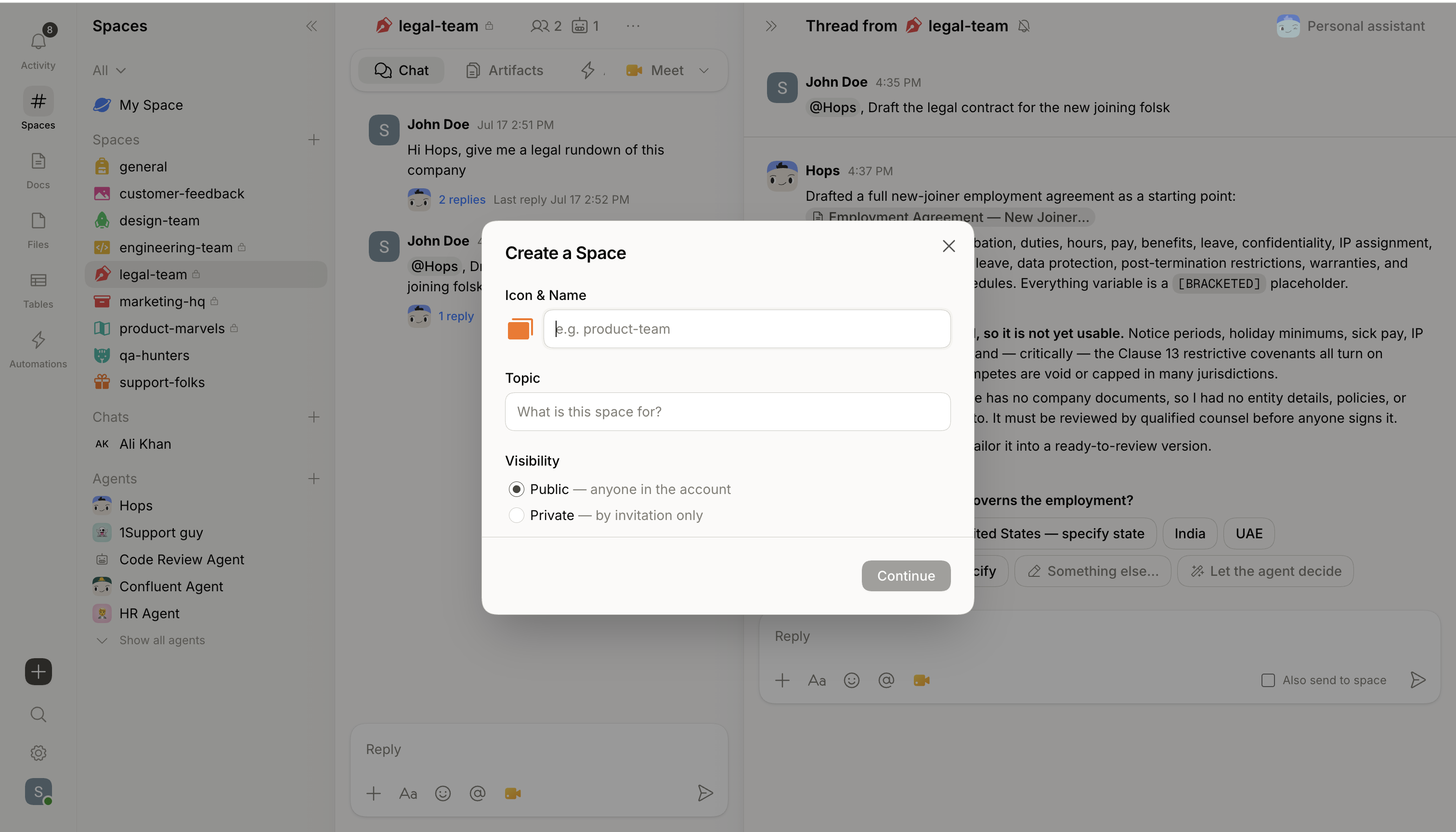 The Create a Space modal with fields for icon, name, topic, and visibility.