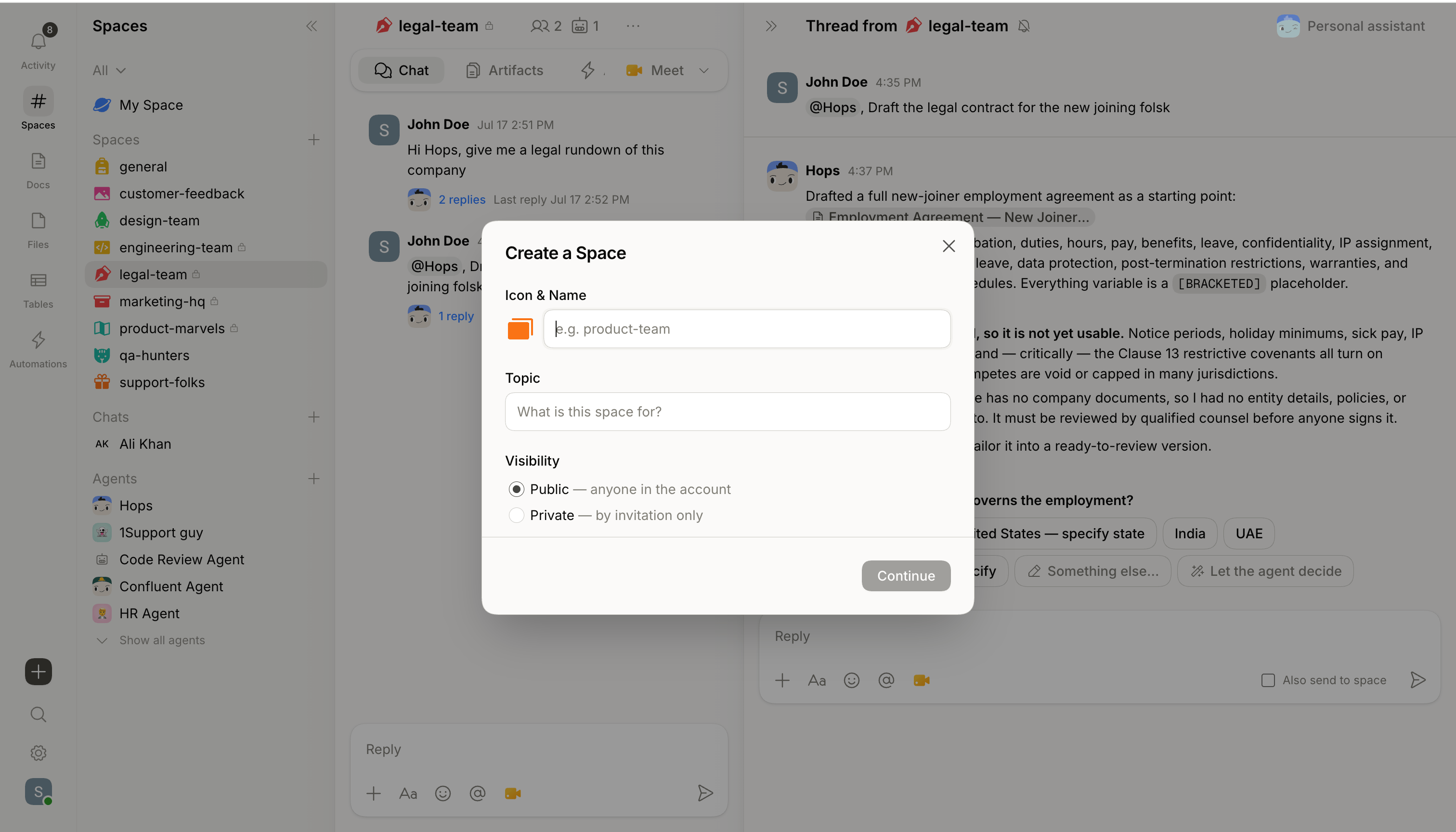The Create a Space modal with fields for icon, name, topic, and visibility.