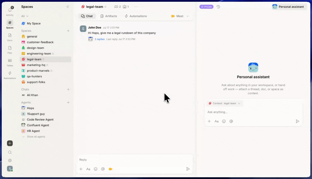 Opening the Personal Assistant and having a private conversation.