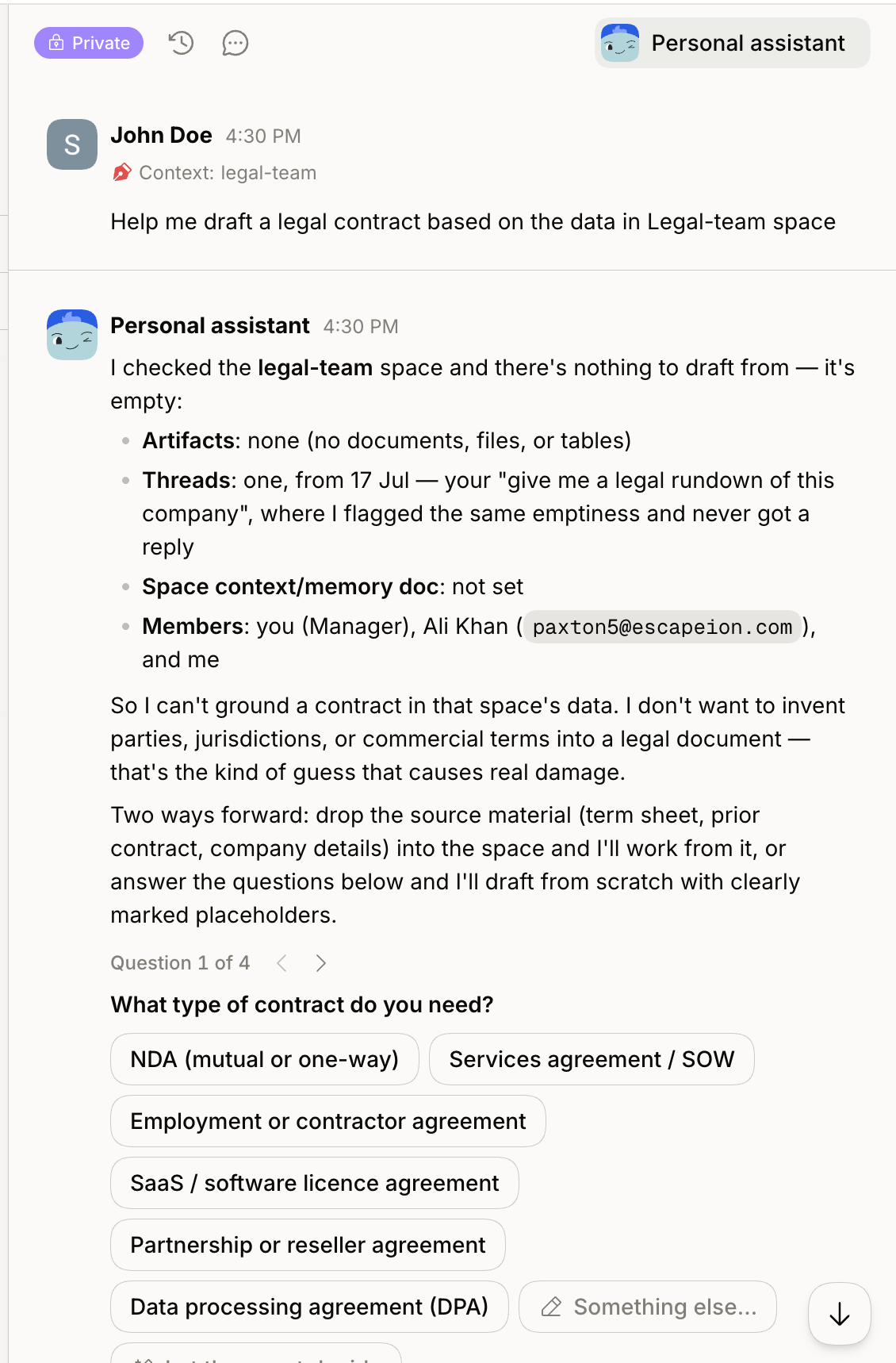 The Personal Assistant open in a private chat.