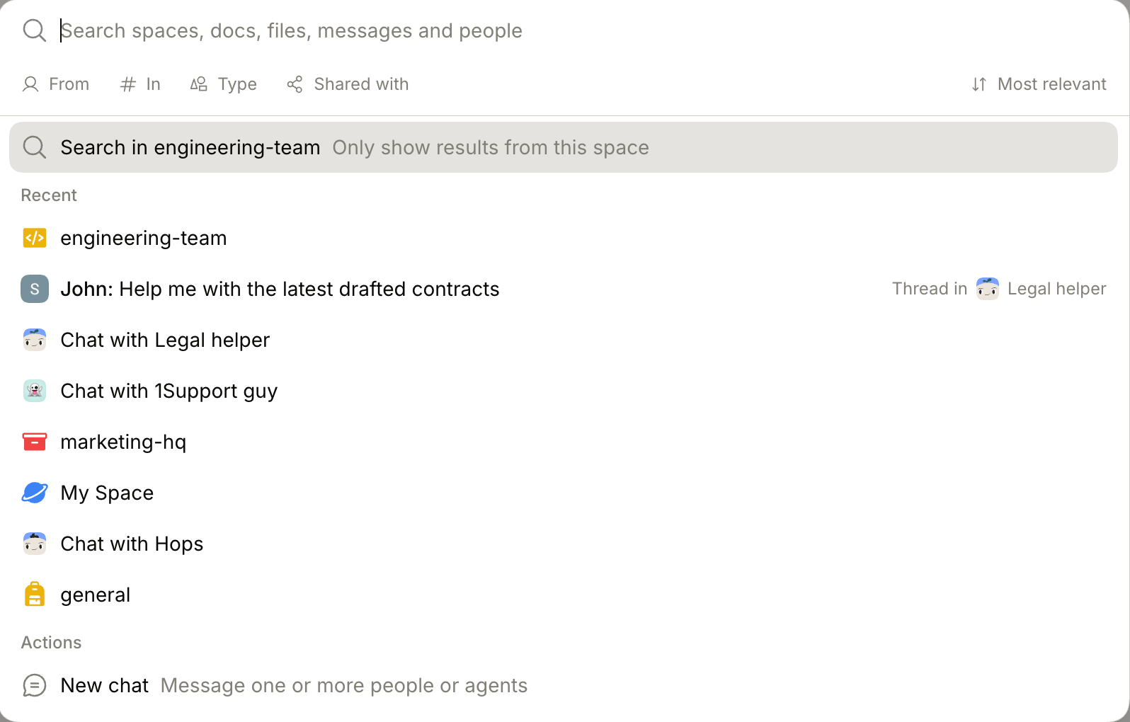 The Hops search modal with filters (From, In, Type, Shared with) and recent results across Spaces, threads, and agent chats.
