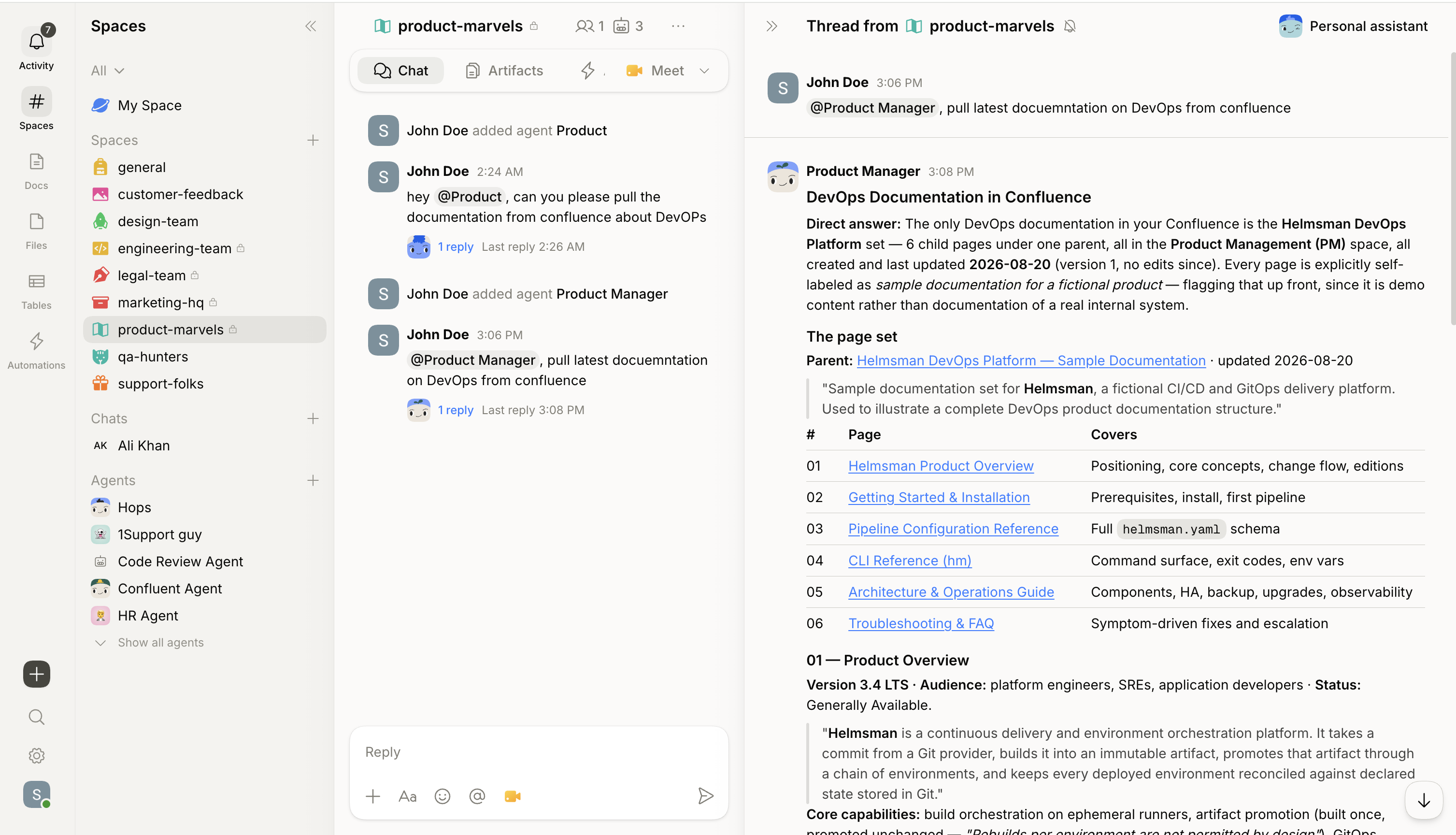 A Space chat thread with a message and threaded replies from the team.