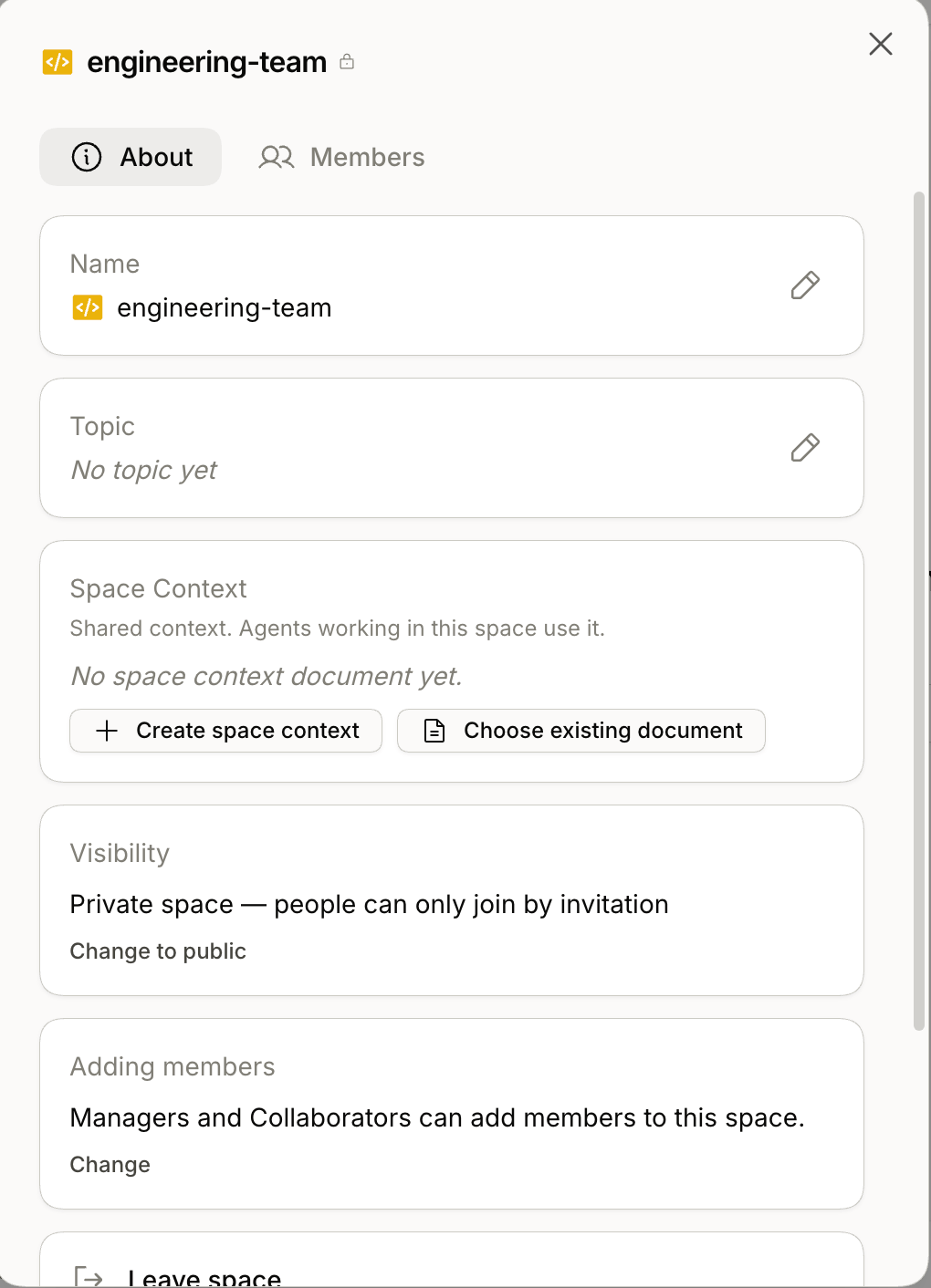 A Space's About panel highlighting the Space Context section where you set the shared context document.