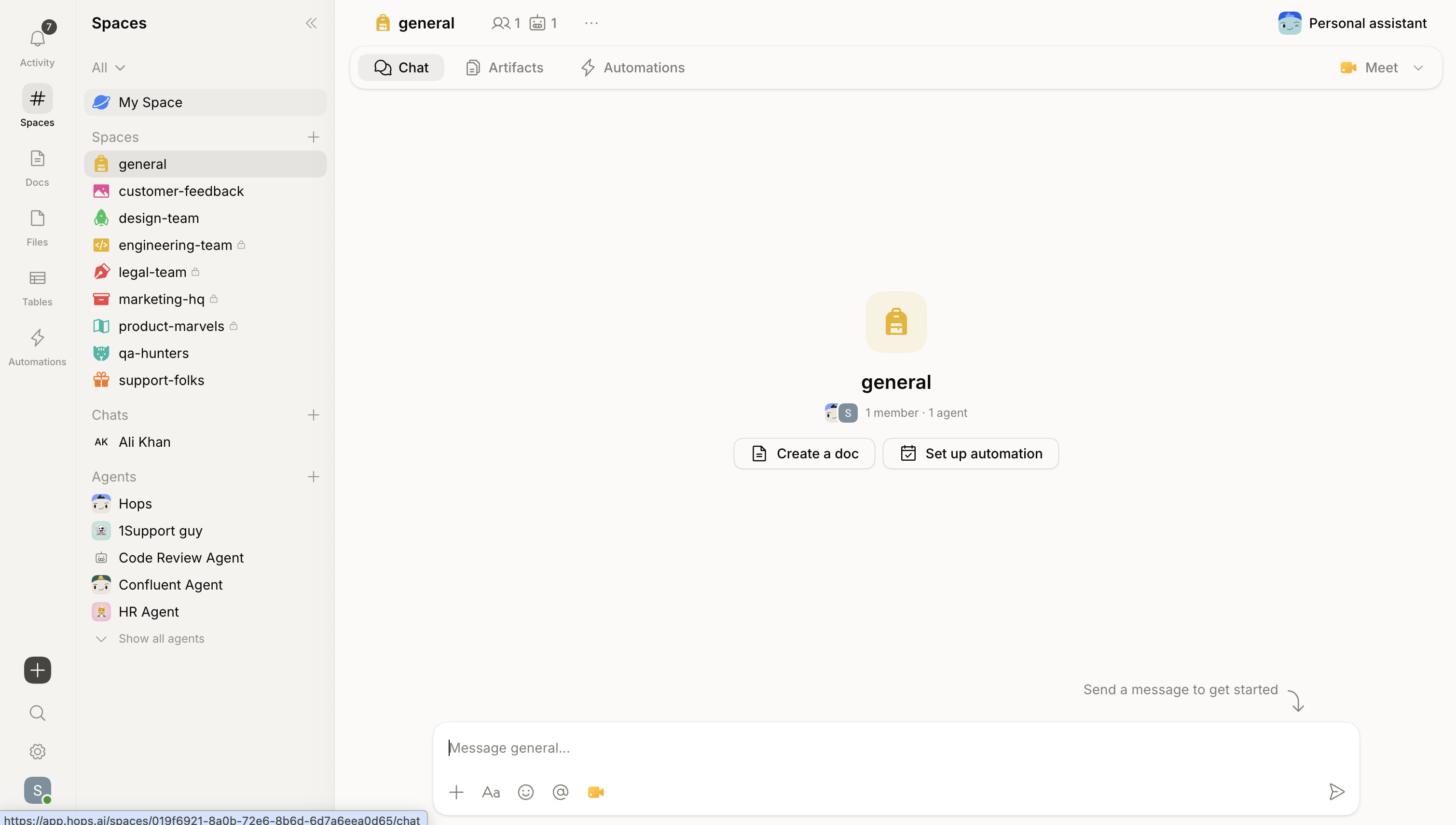 A Hops Space showing chat, agents, and shared context.