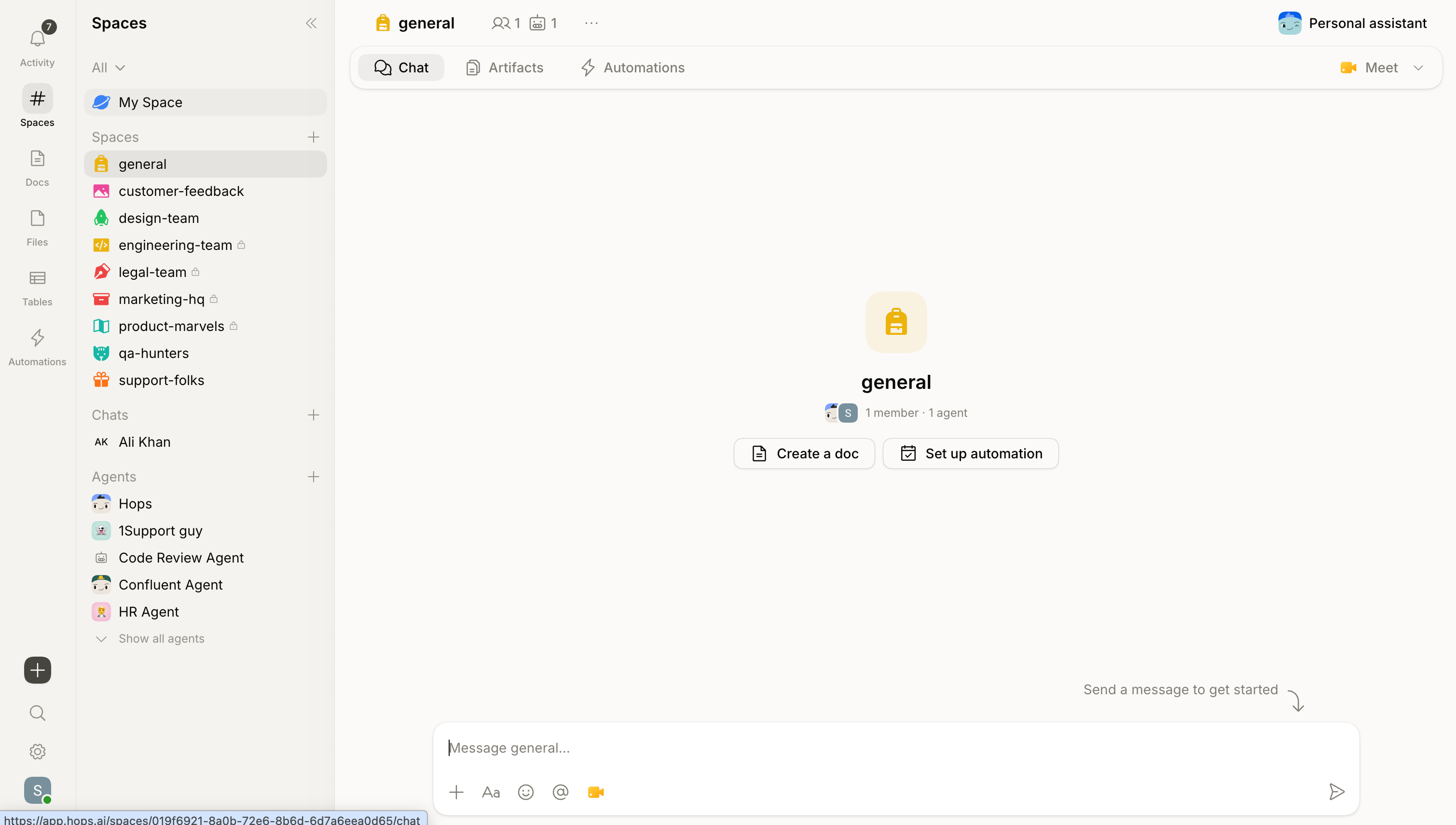 A Hops Space showing chat, agents, and shared context.