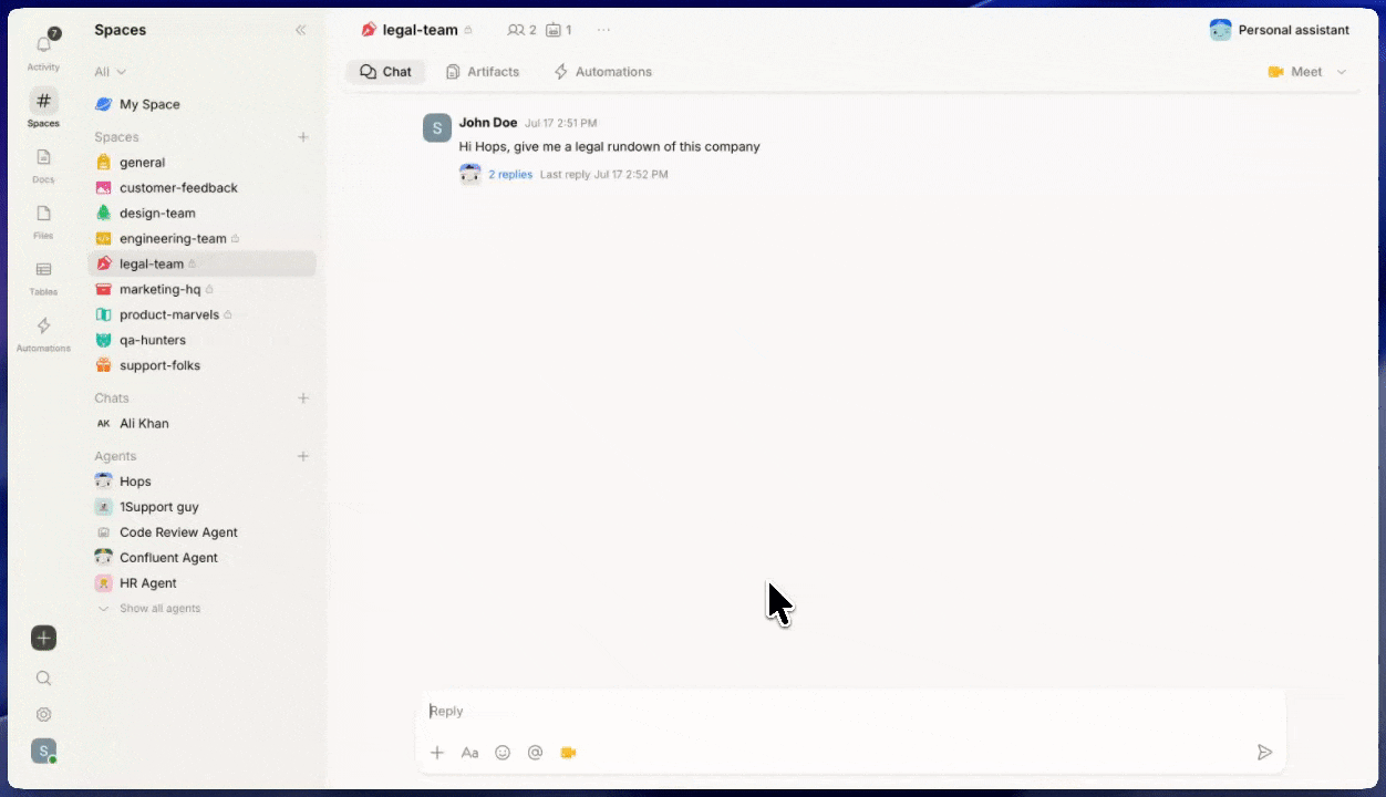 Opening the Hops default agent and sending a message.