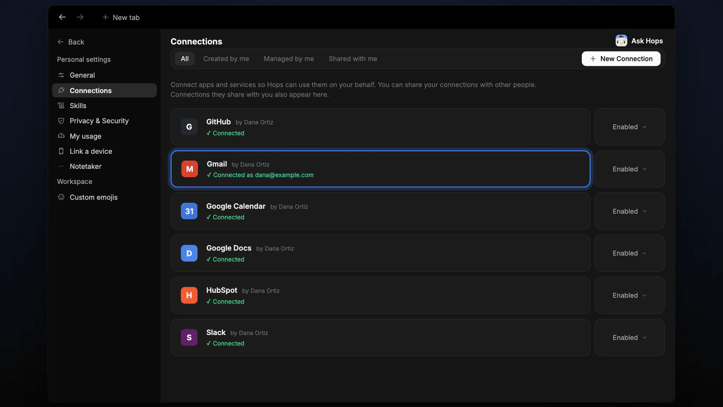 Gmail connection, Hops reads 26 vendor threads and updates the PO tracker