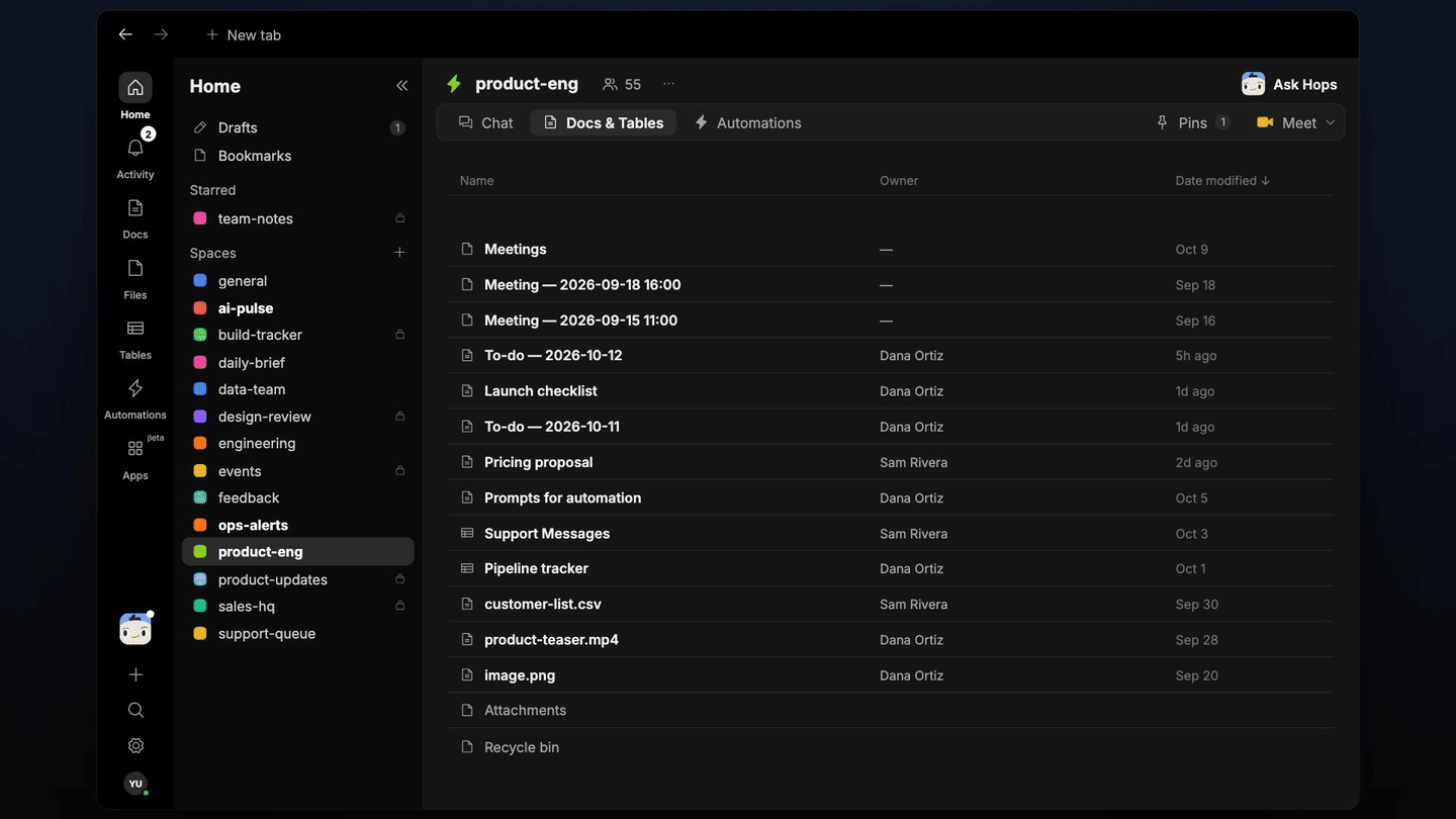 Search filters spec pinned in Space context, Hops turned review comments into edits