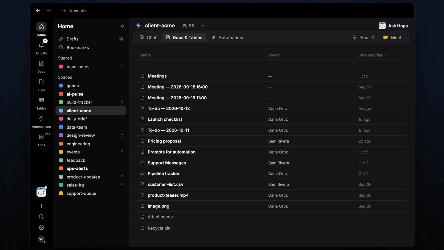 Google Drive connection, Hops checked Acme operating model.xlsx and listed issues by impact