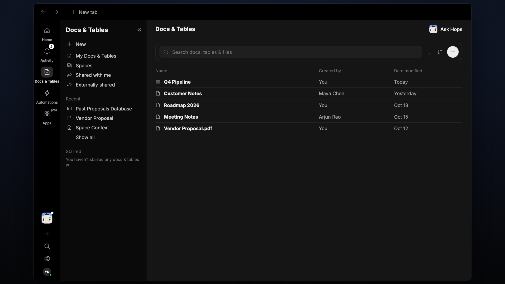The merged Docs & Tables section.