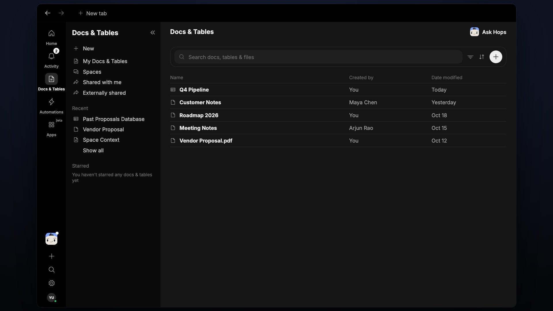 The merged Docs & Tables section.