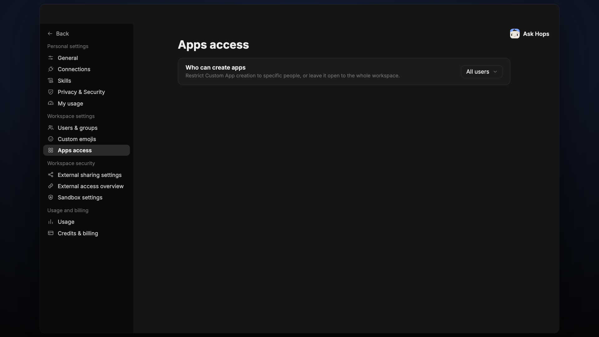 Apps access settings with the Who can create apps dropdown.