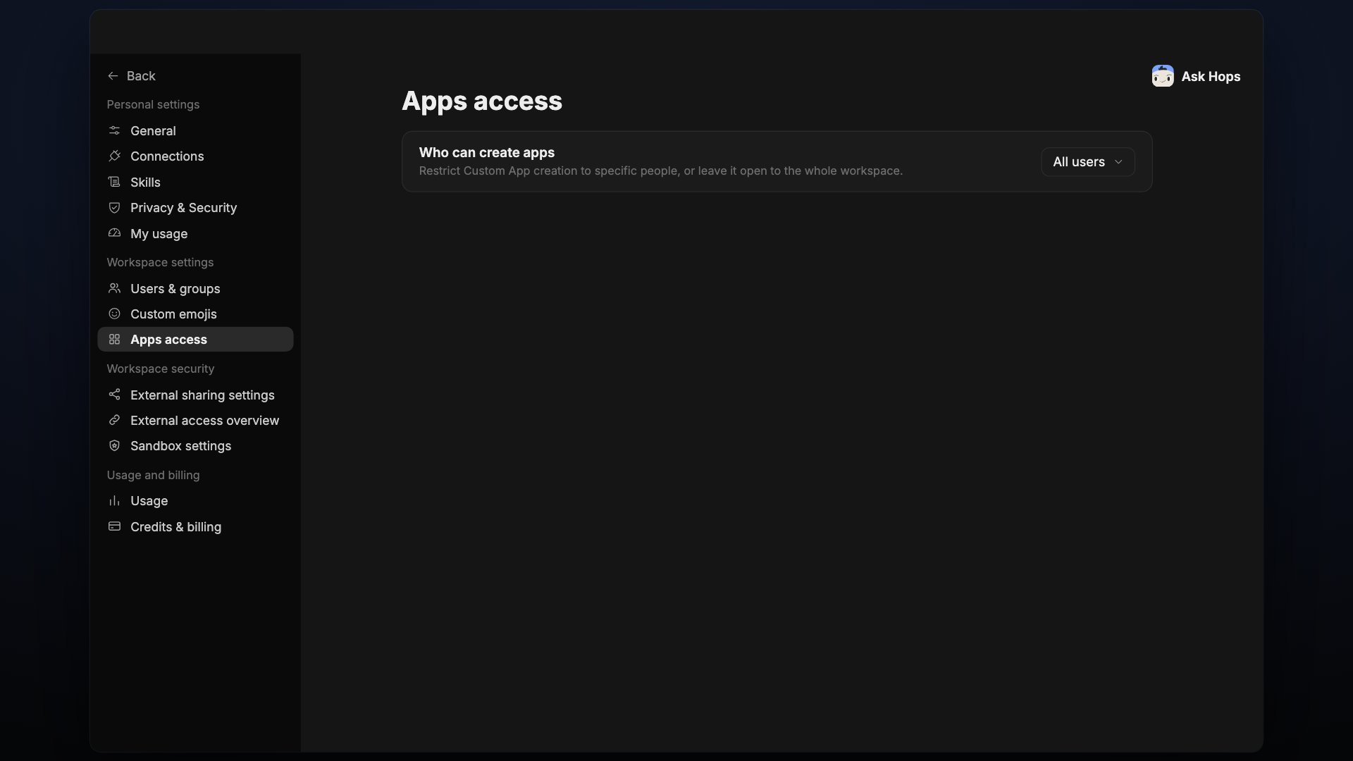 Apps access settings with the Who can create apps dropdown.