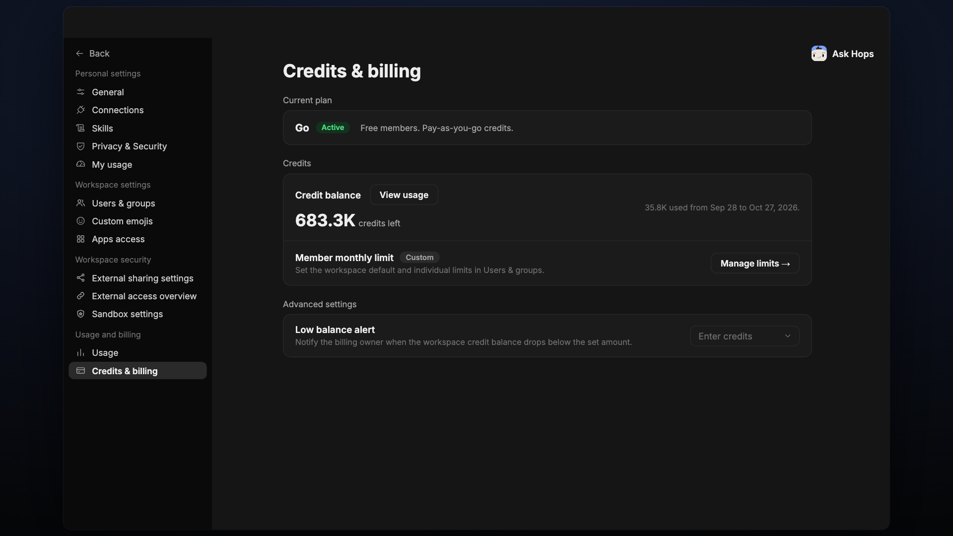 Credits & billing with current plan, credit balance, member monthly limit and low balance alert.