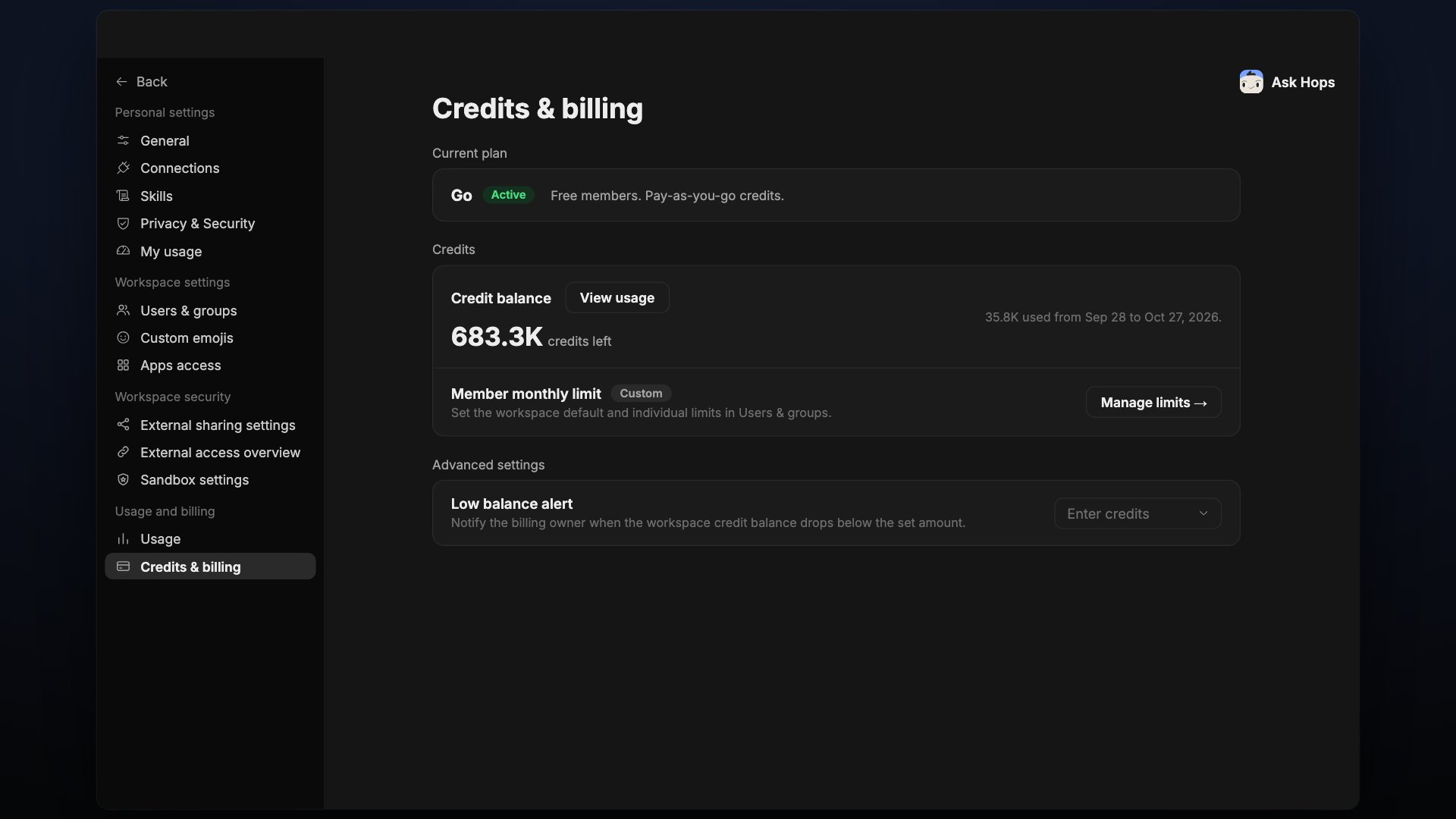 Credits & billing with current plan, credit balance, member monthly limit and low balance alert.