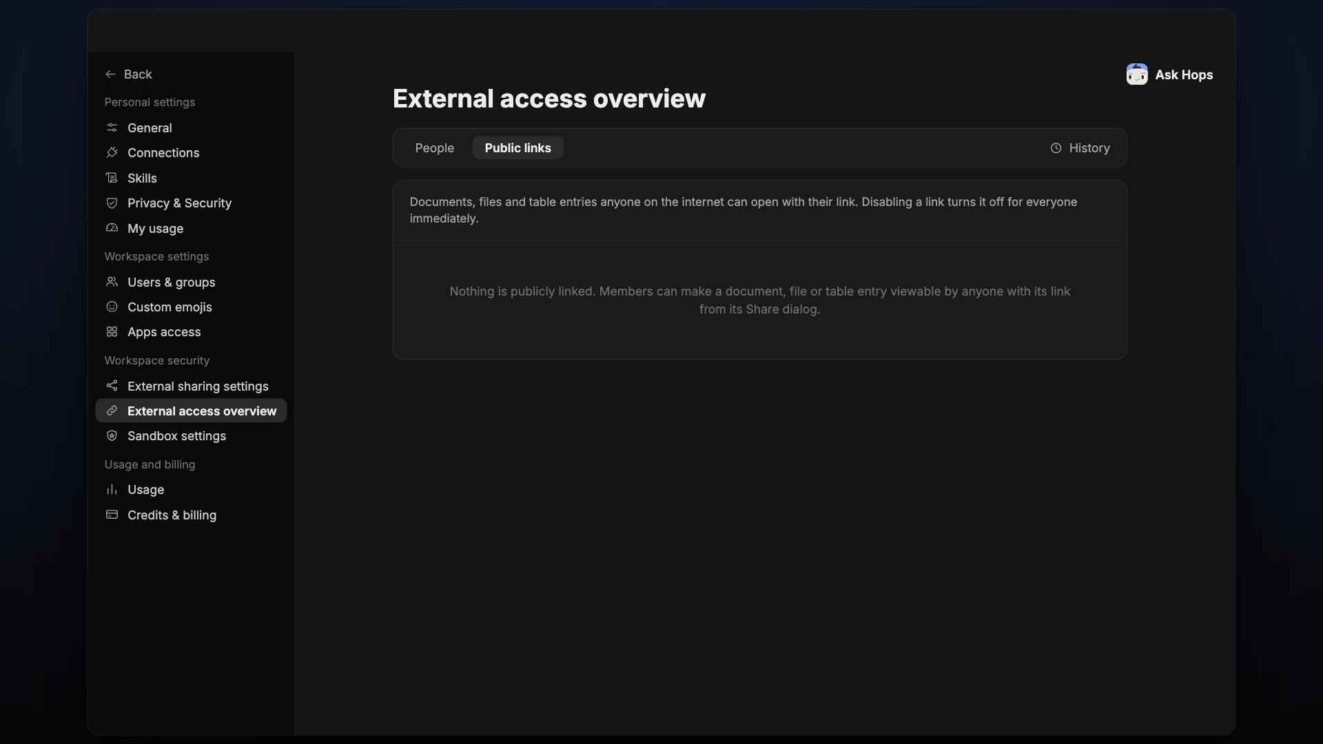 External access overview, Public links tab.