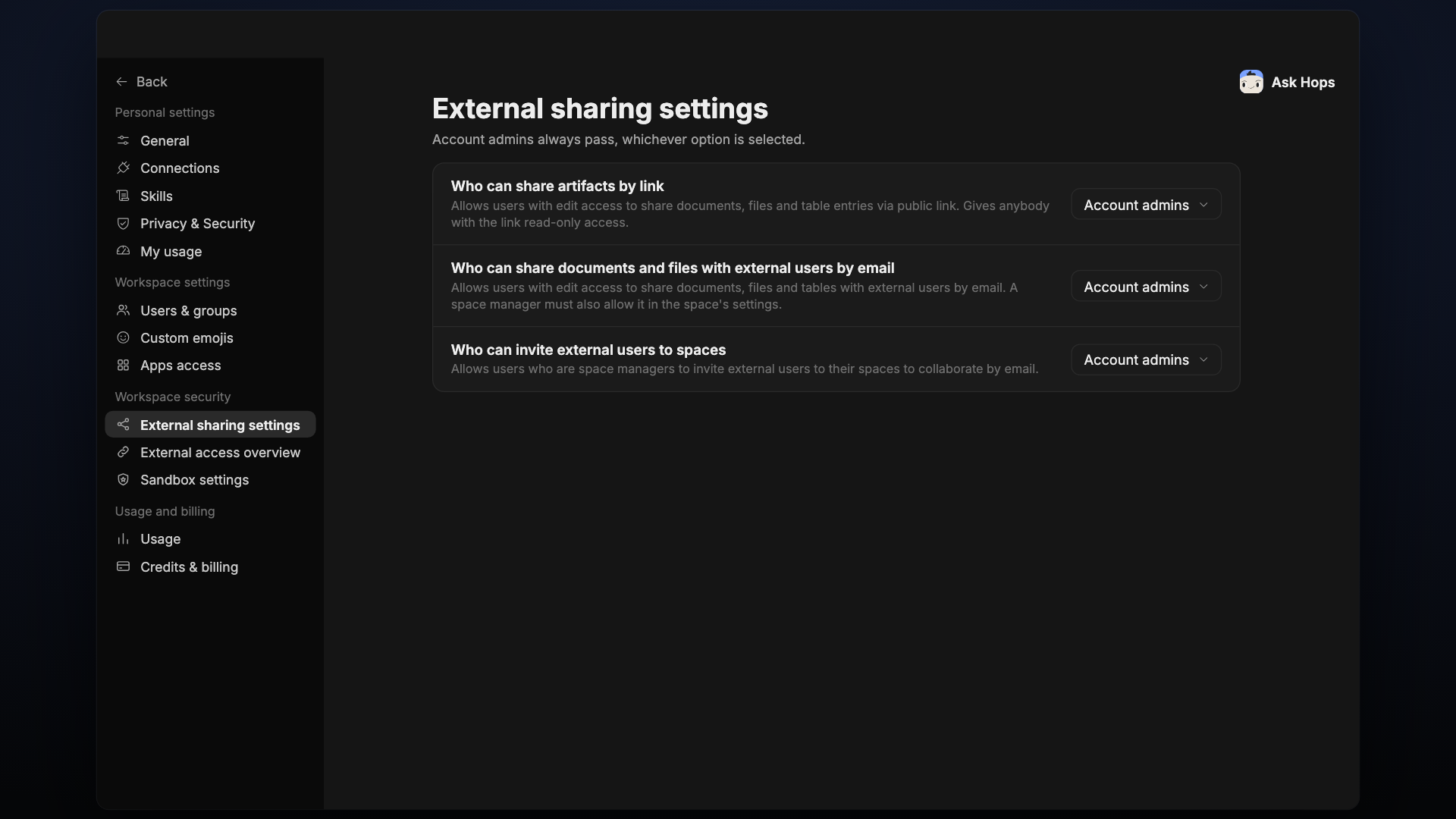 External sharing settings with three permission dropdowns.