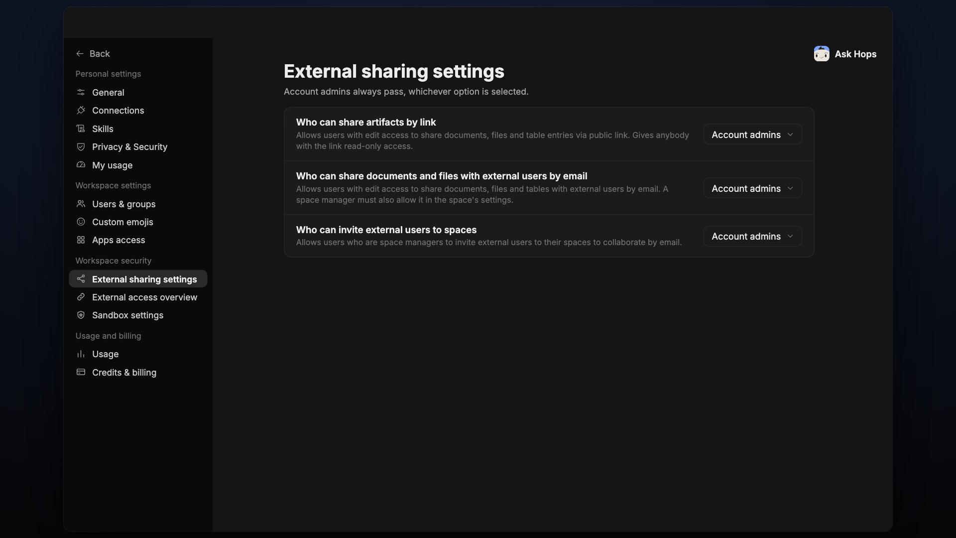 External sharing settings with three permission dropdowns.