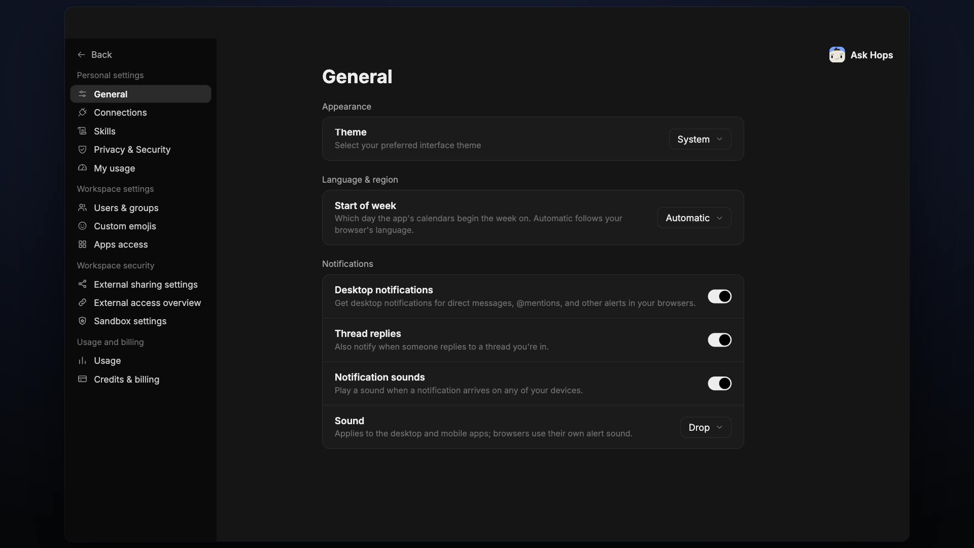 General settings showing Appearance, Language & region and Notifications.