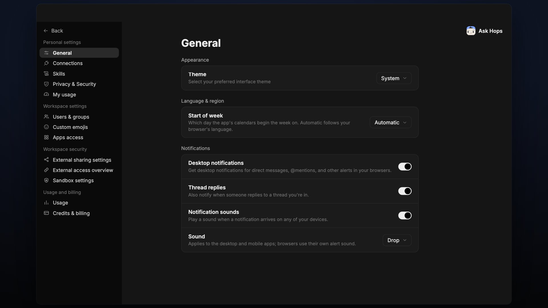 General settings showing Appearance, Language & region and Notifications.