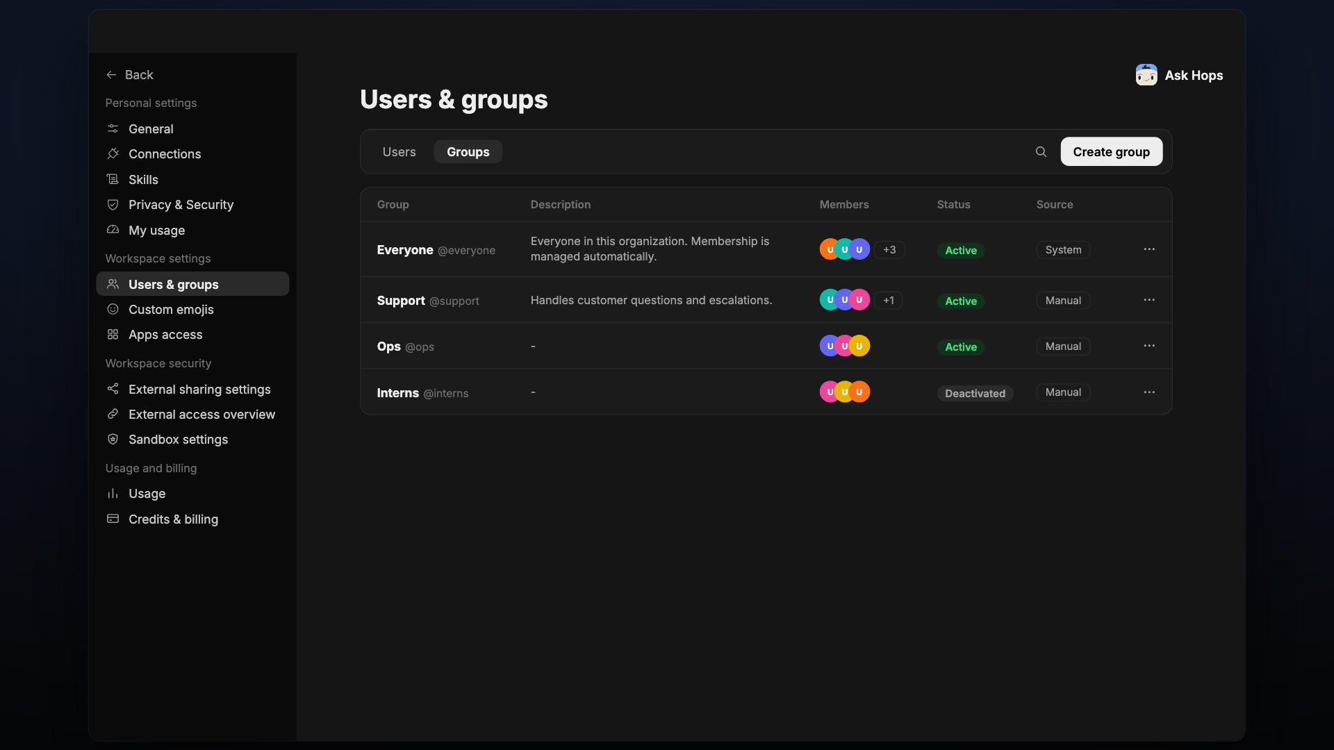Groups tab listing groups with description, members, status and source.