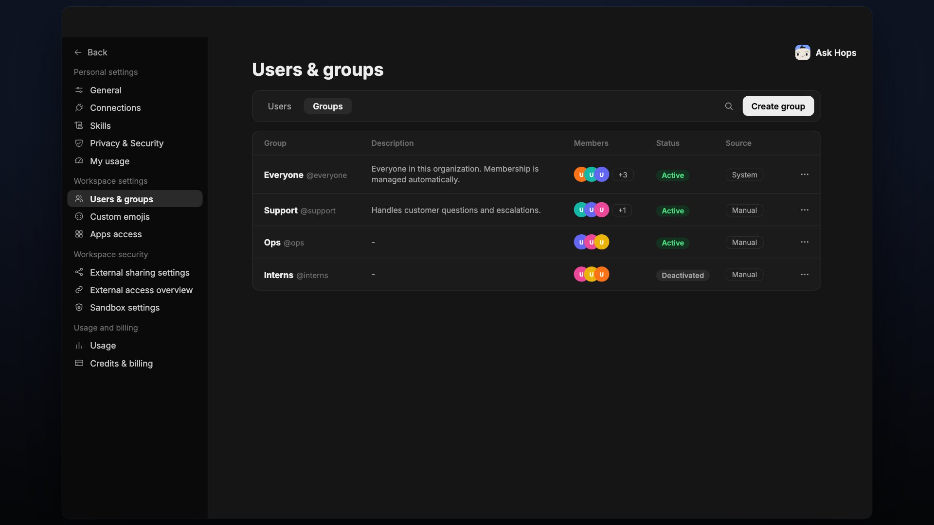 Groups tab listing groups with description, members, status and source.