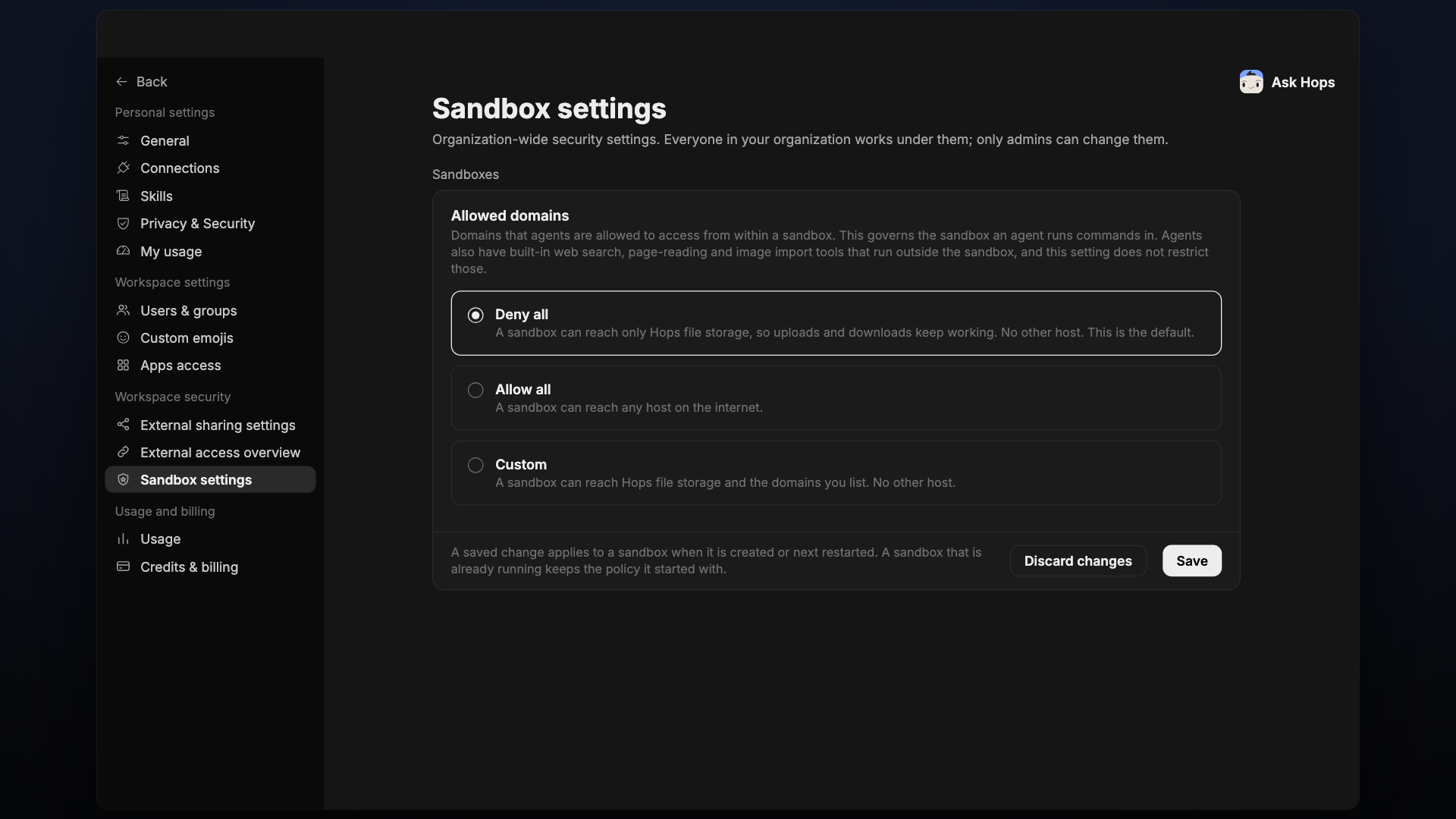 Sandbox settings with the Allowed domains options Deny all, Allow all and Custom.