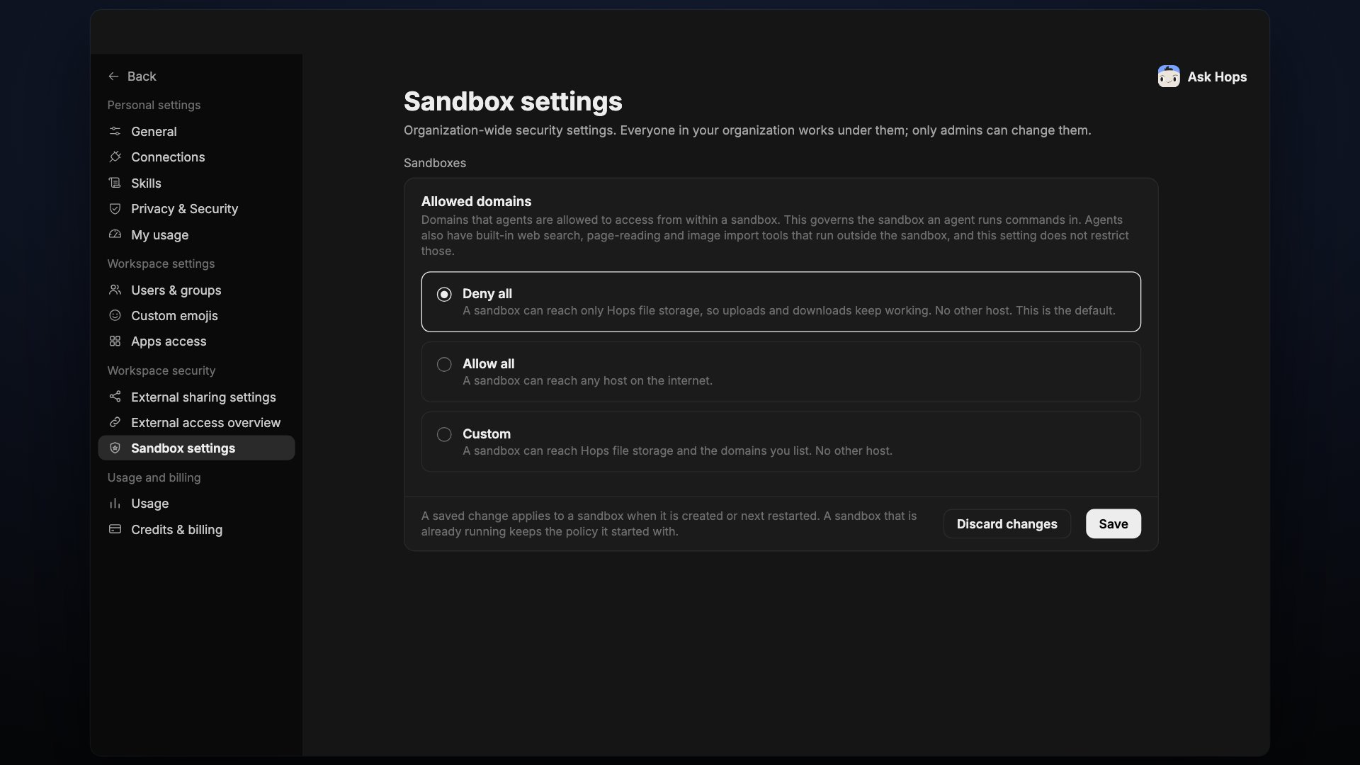 Sandbox settings with the Allowed domains options Deny all, Allow all and Custom.