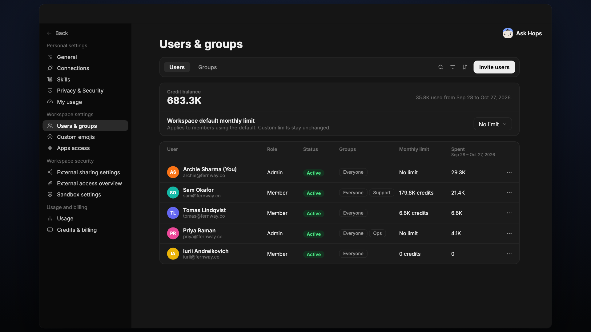 Users tab showing credit balance, workspace default monthly limit and a table of members.