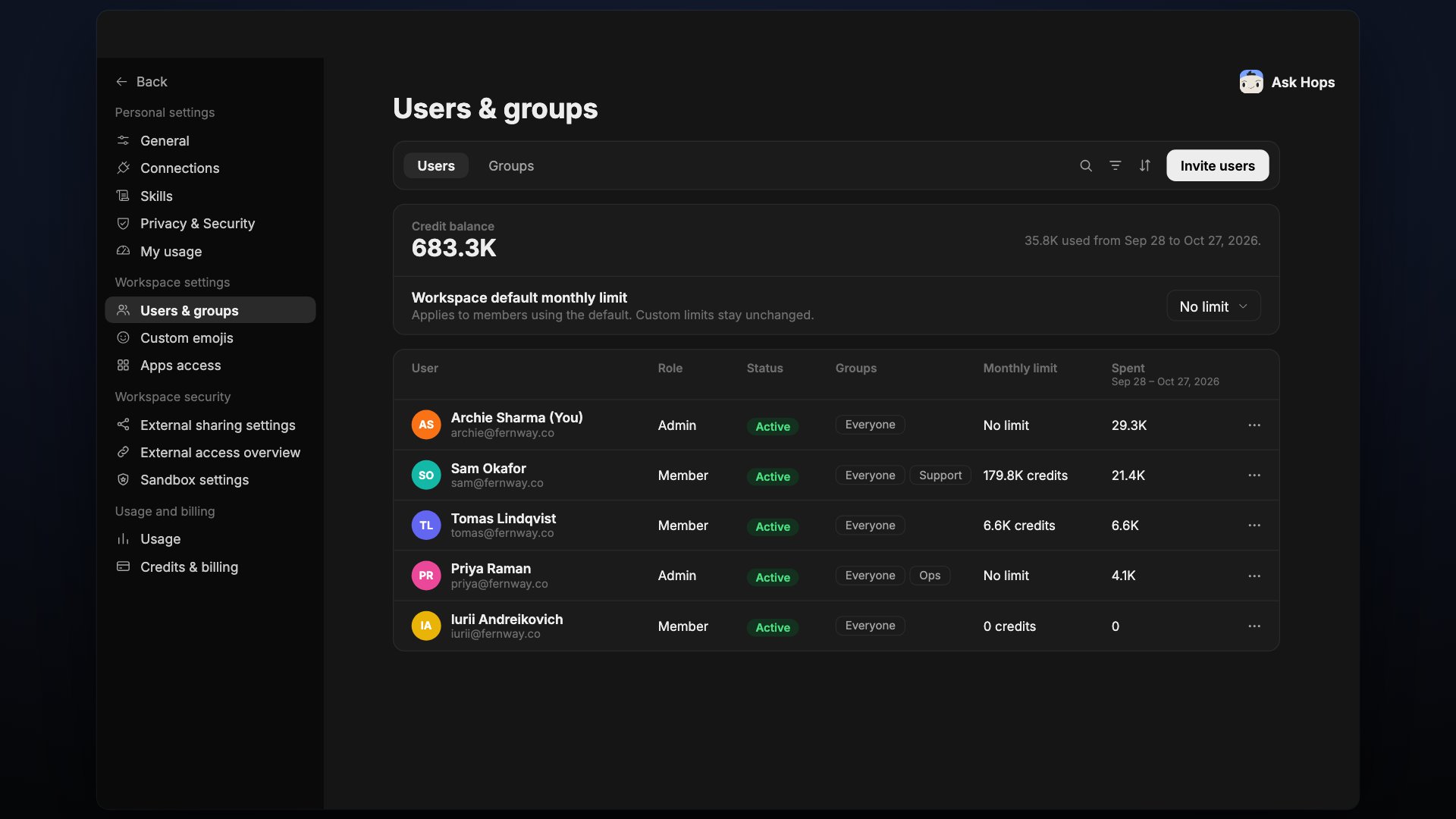 Users tab showing credit balance, workspace default monthly limit and a table of members.