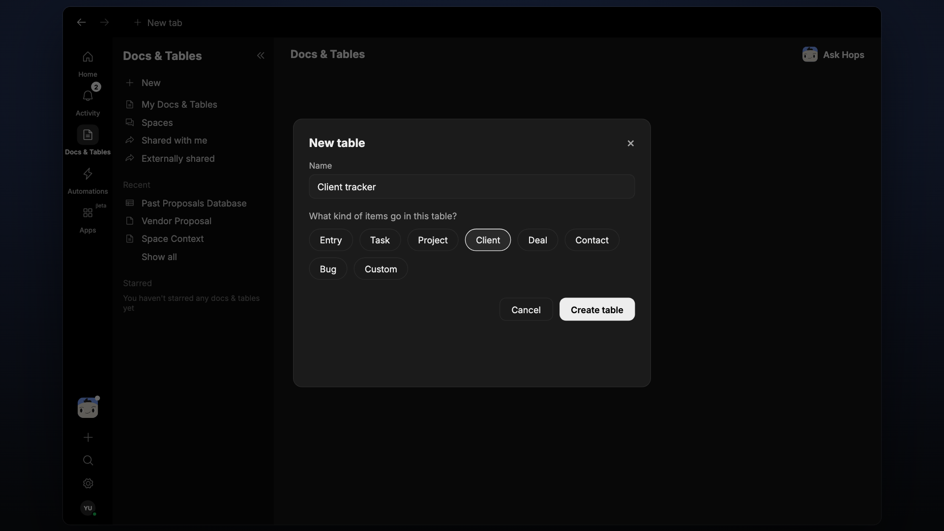 The New table form with a name field and presets.