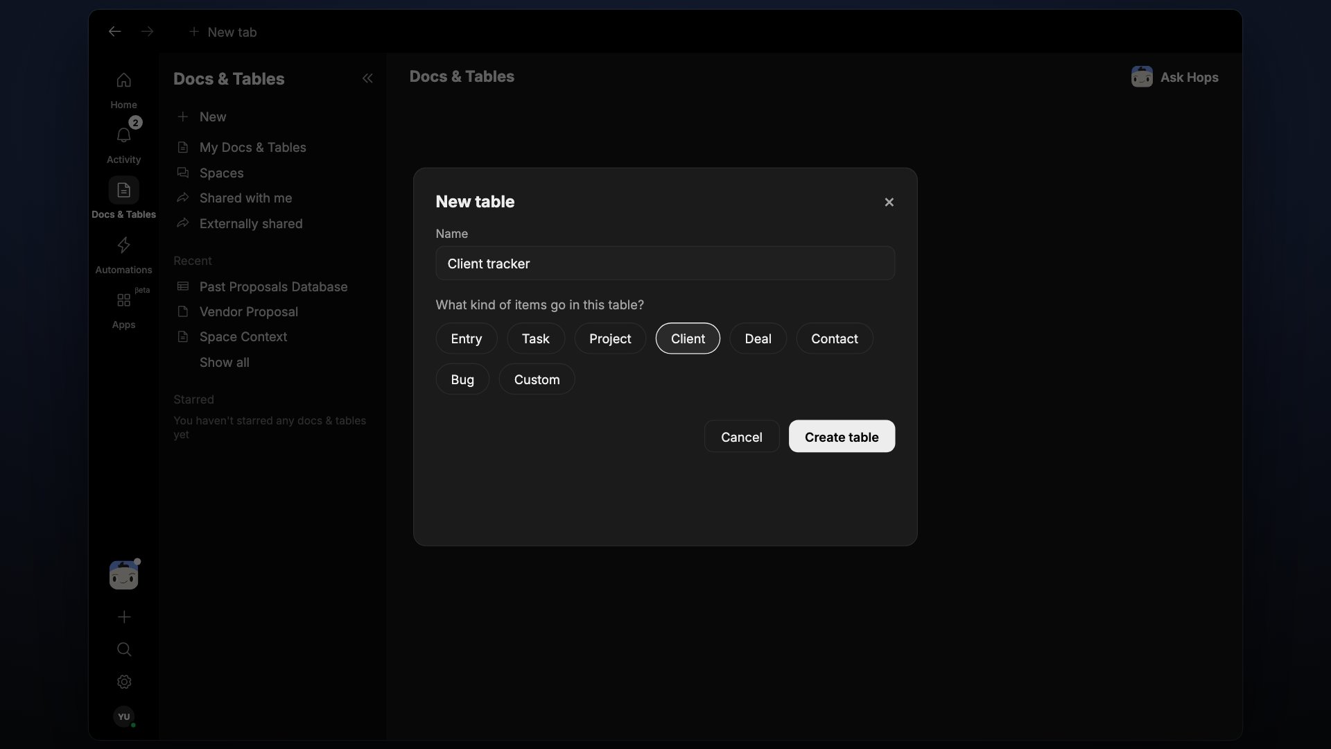 The New table form with a name field and presets.